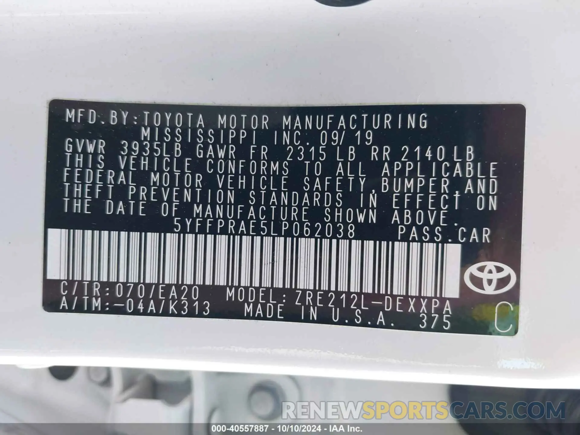 9 fotografías del automóvil dañado 5YFFPRAE5LP062038 TOYOTA COROLLA 2020
