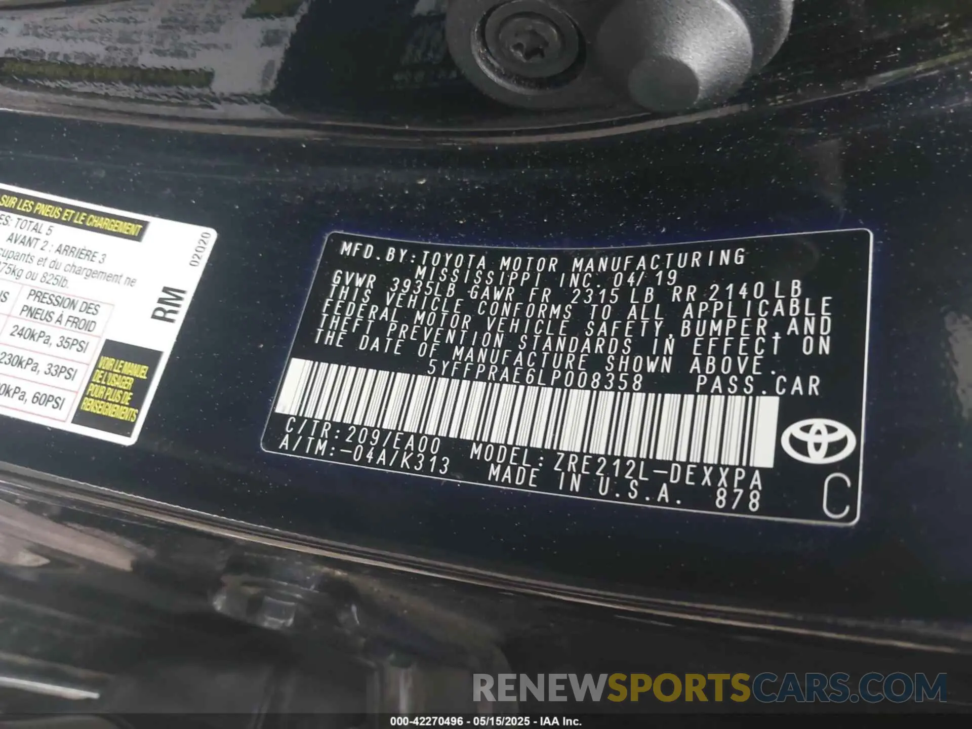 9 fotografías del automóvil dañado 5YFFPRAE6LP008358 TOYOTA COROLLA 2020