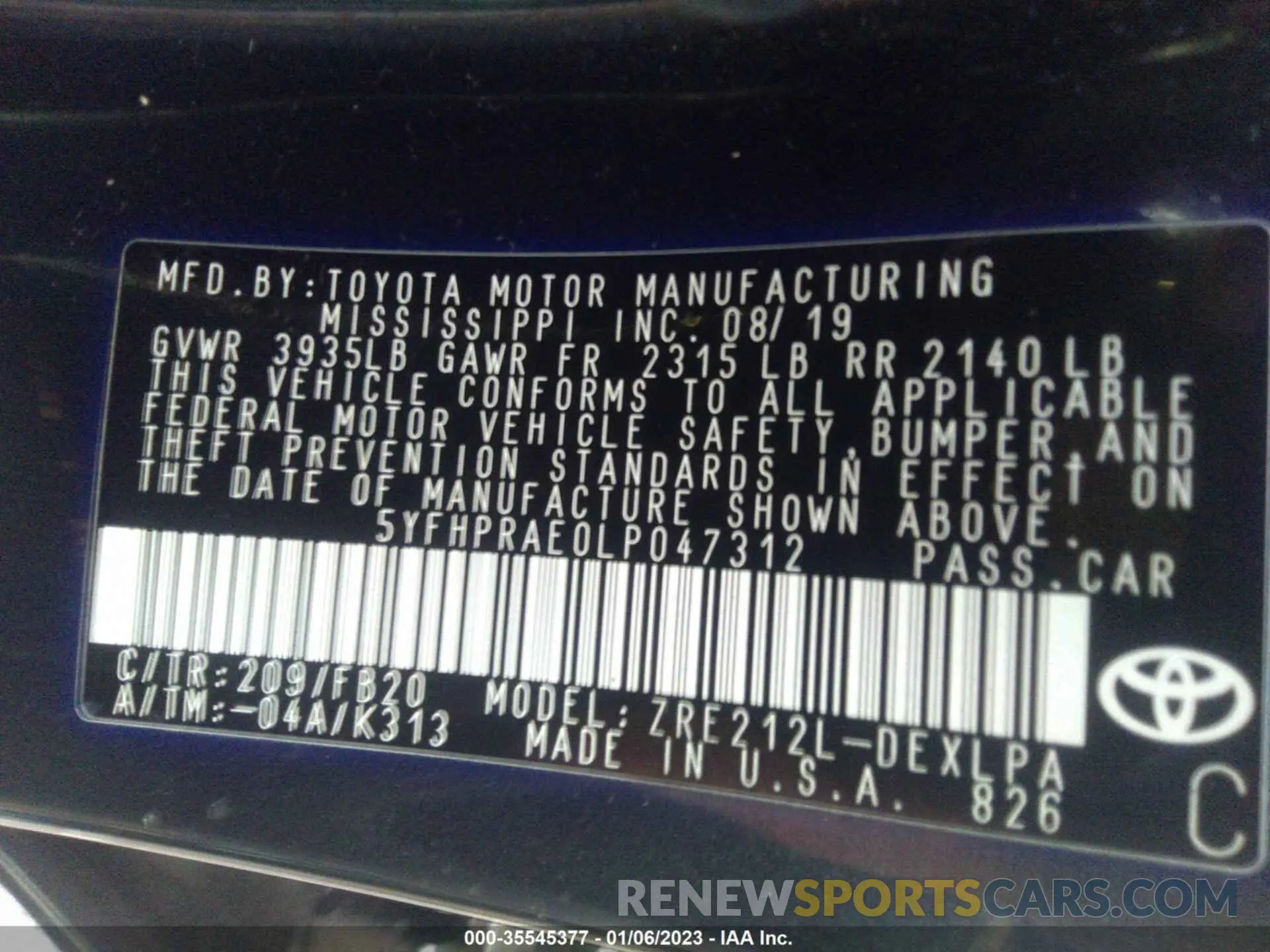 9 fotografías del automóvil dañado 5YFHPRAE0LP047312 TOYOTA COROLLA 2020