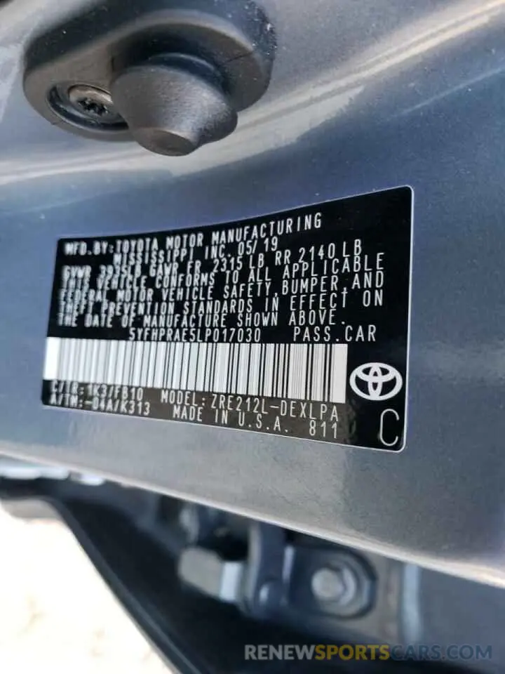 10 fotografías del automóvil dañado 5YFHPRAE5LP017030 TOYOTA COROLLA 2020