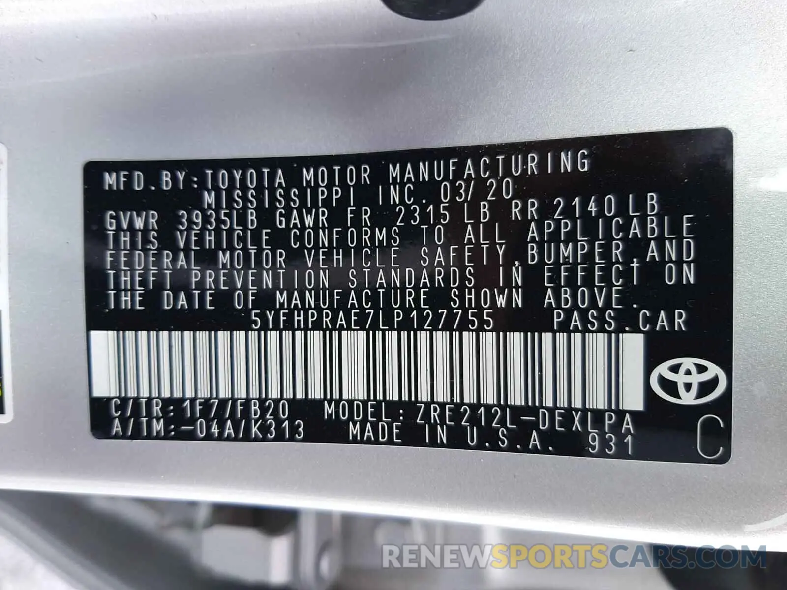 10 fotografías del automóvil dañado 5YFHPRAE7LP127755 TOYOTA COROLLA 2020