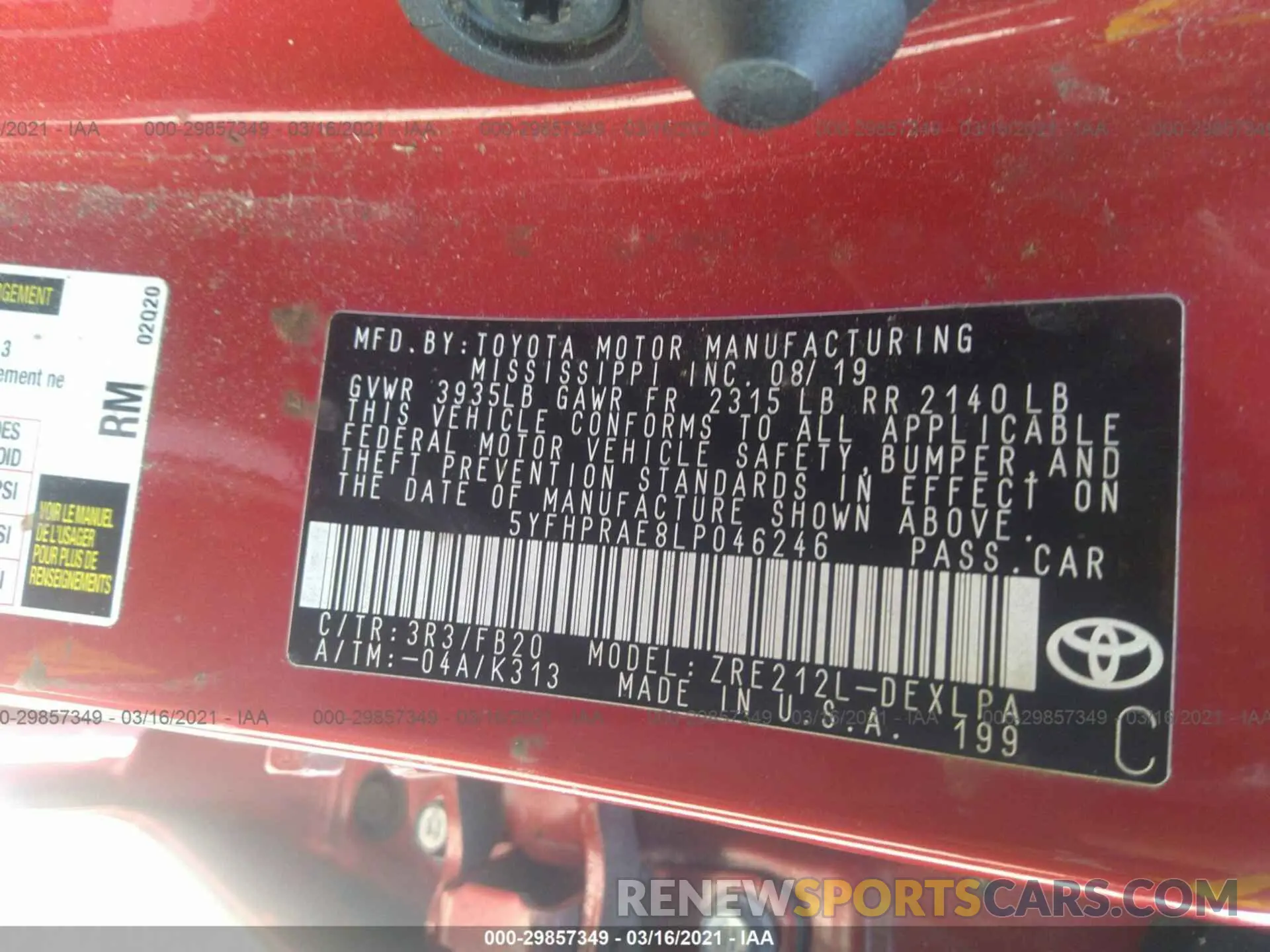 9 fotografías del automóvil dañado 5YFHPRAE8LP046246 TOYOTA COROLLA 2020