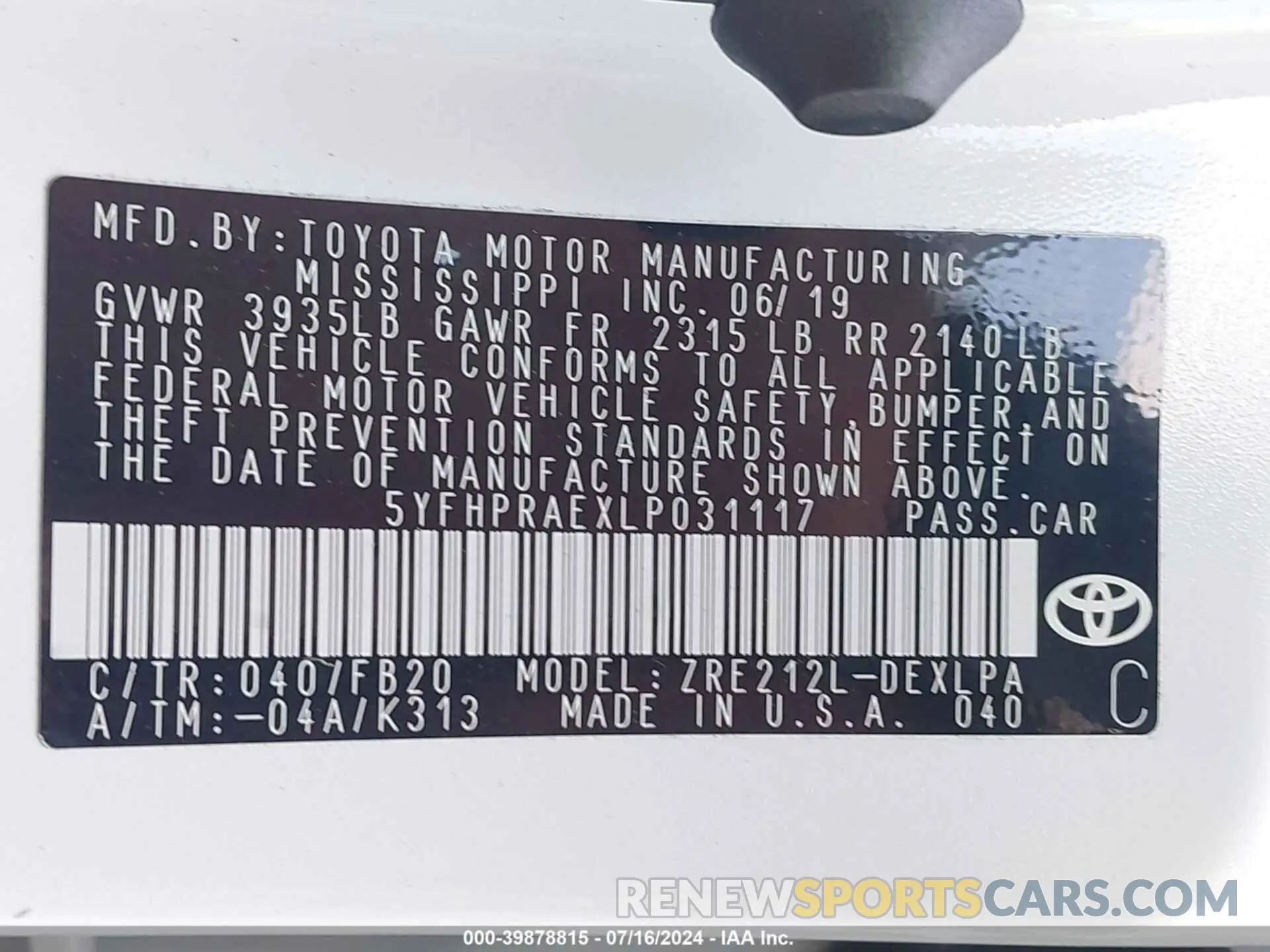 9 fotografías del automóvil dañado 5YFHPRAEXLP031117 TOYOTA COROLLA 2020