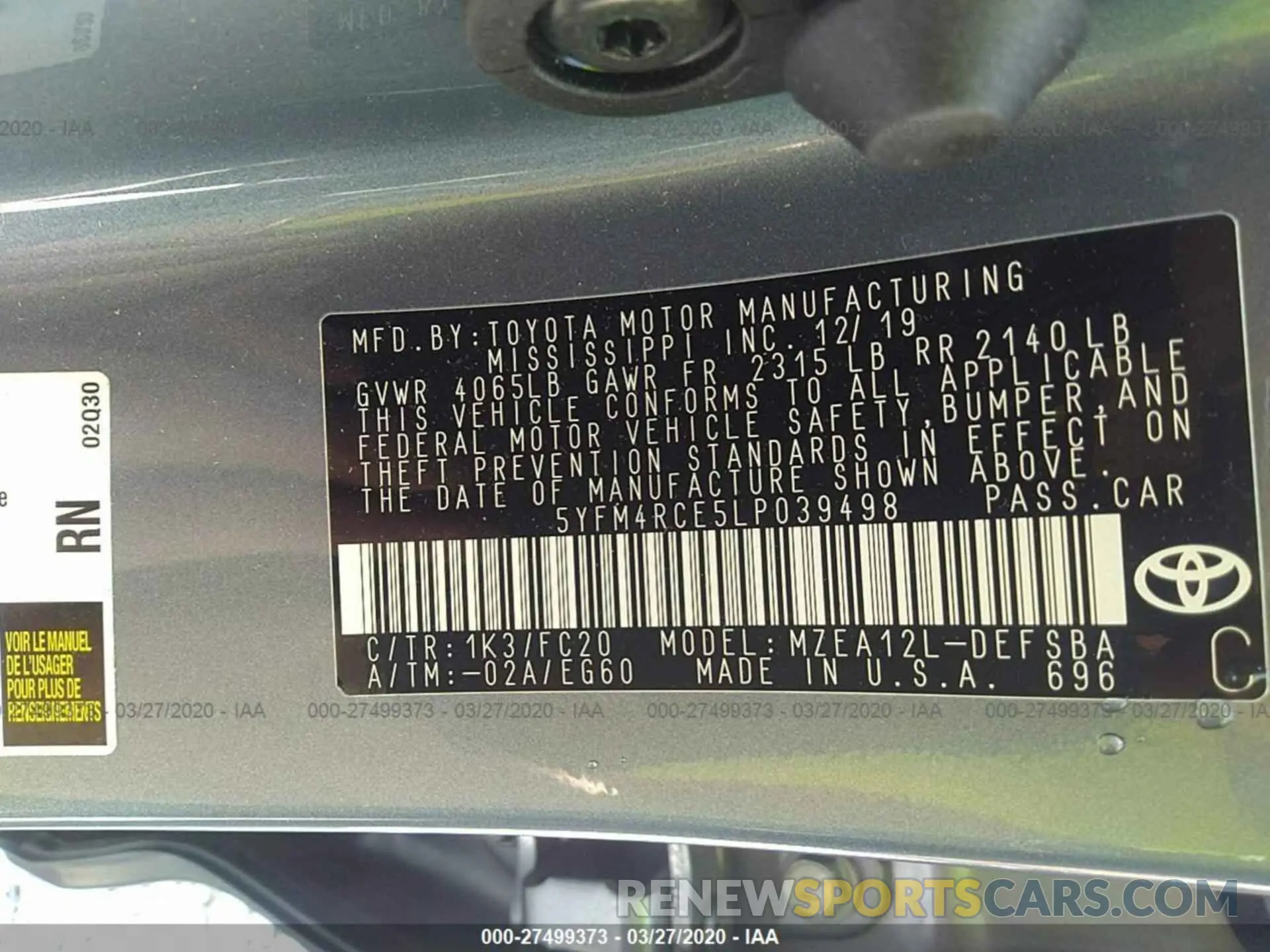 9 fotografías del automóvil dañado 5YFM4RCE5LP039498 TOYOTA COROLLA 2020