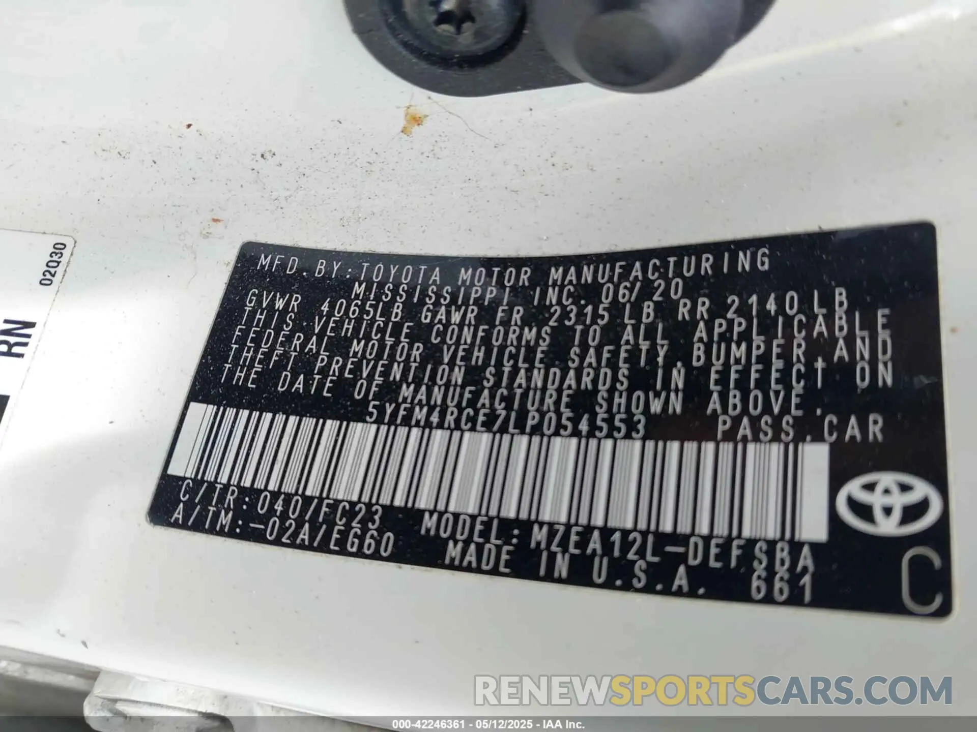 9 fotografías del automóvil dañado 5YFM4RCE7LP054553 TOYOTA COROLLA 2020