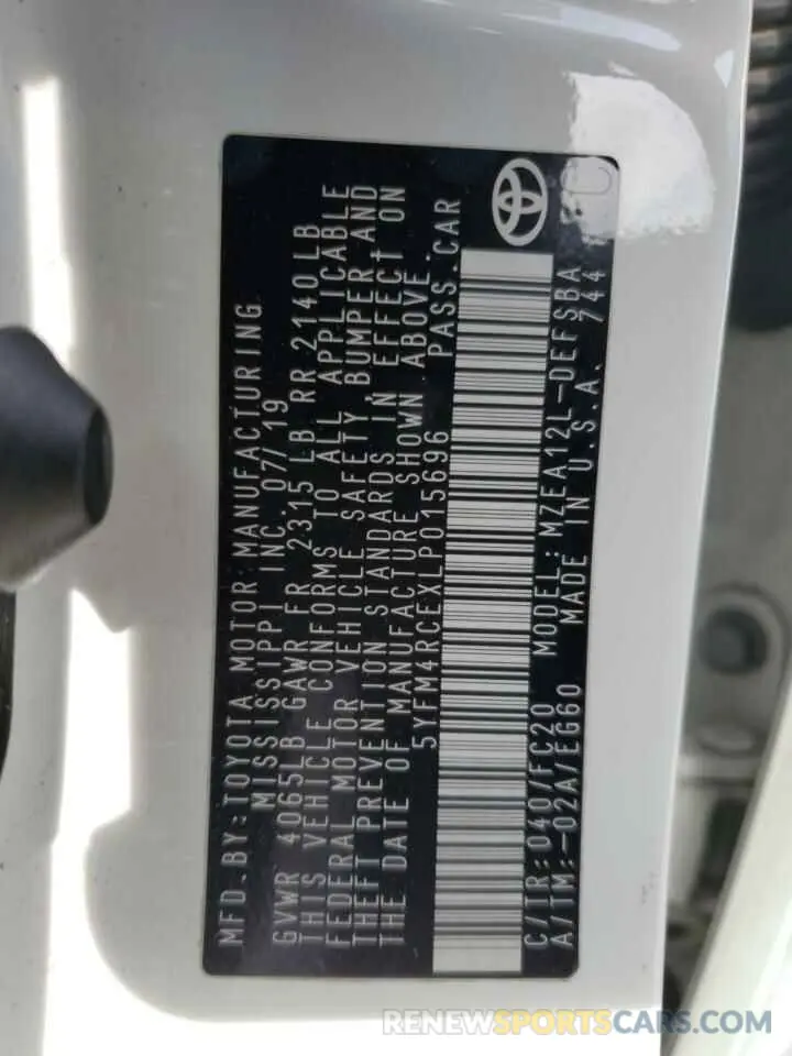 12 fotografías del automóvil dañado 5YFM4RCEXLP015696 TOYOTA COROLLA 2020