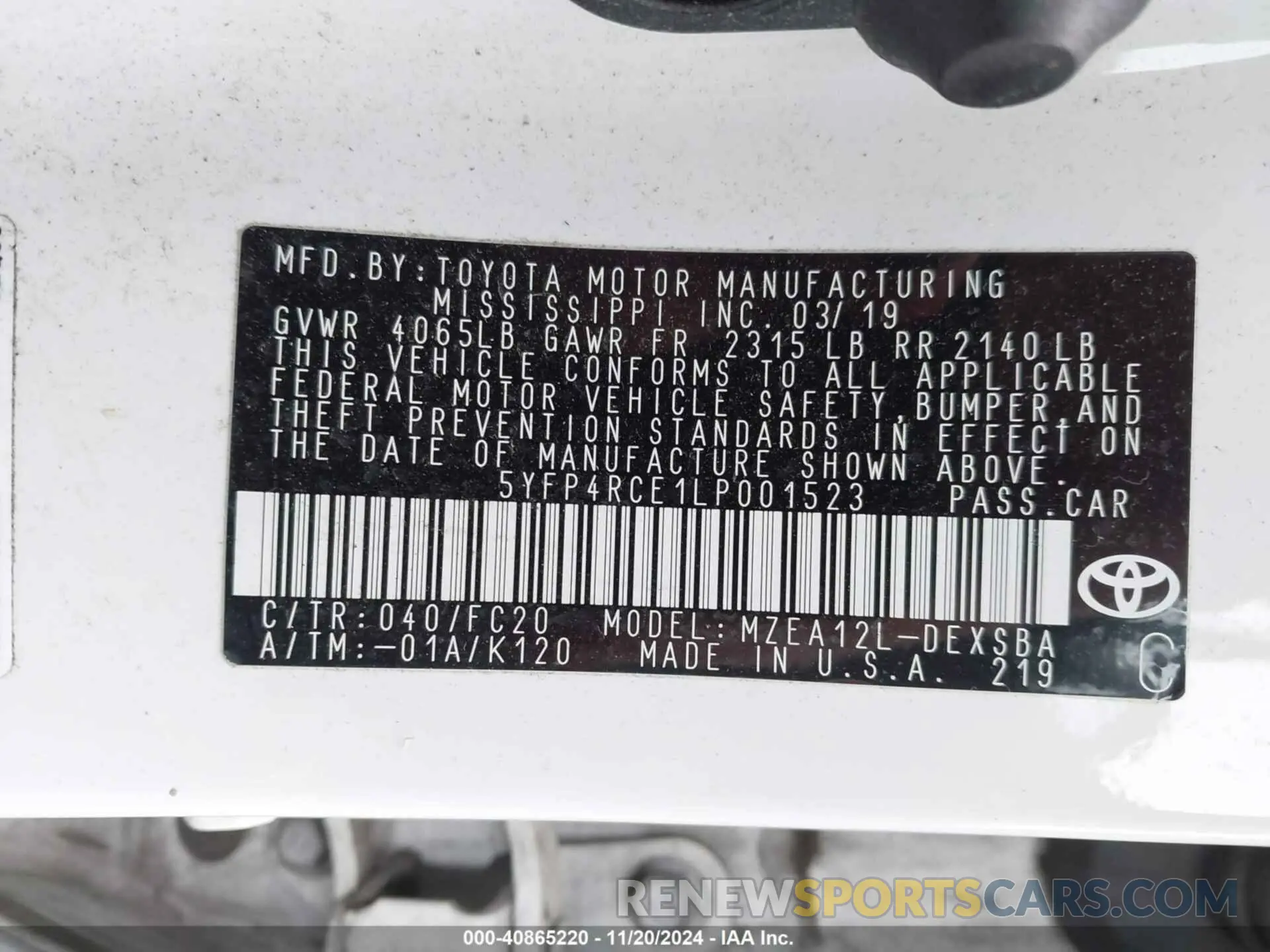 9 fotografías del automóvil dañado 5YFP4RCE1LP001523 TOYOTA COROLLA 2020