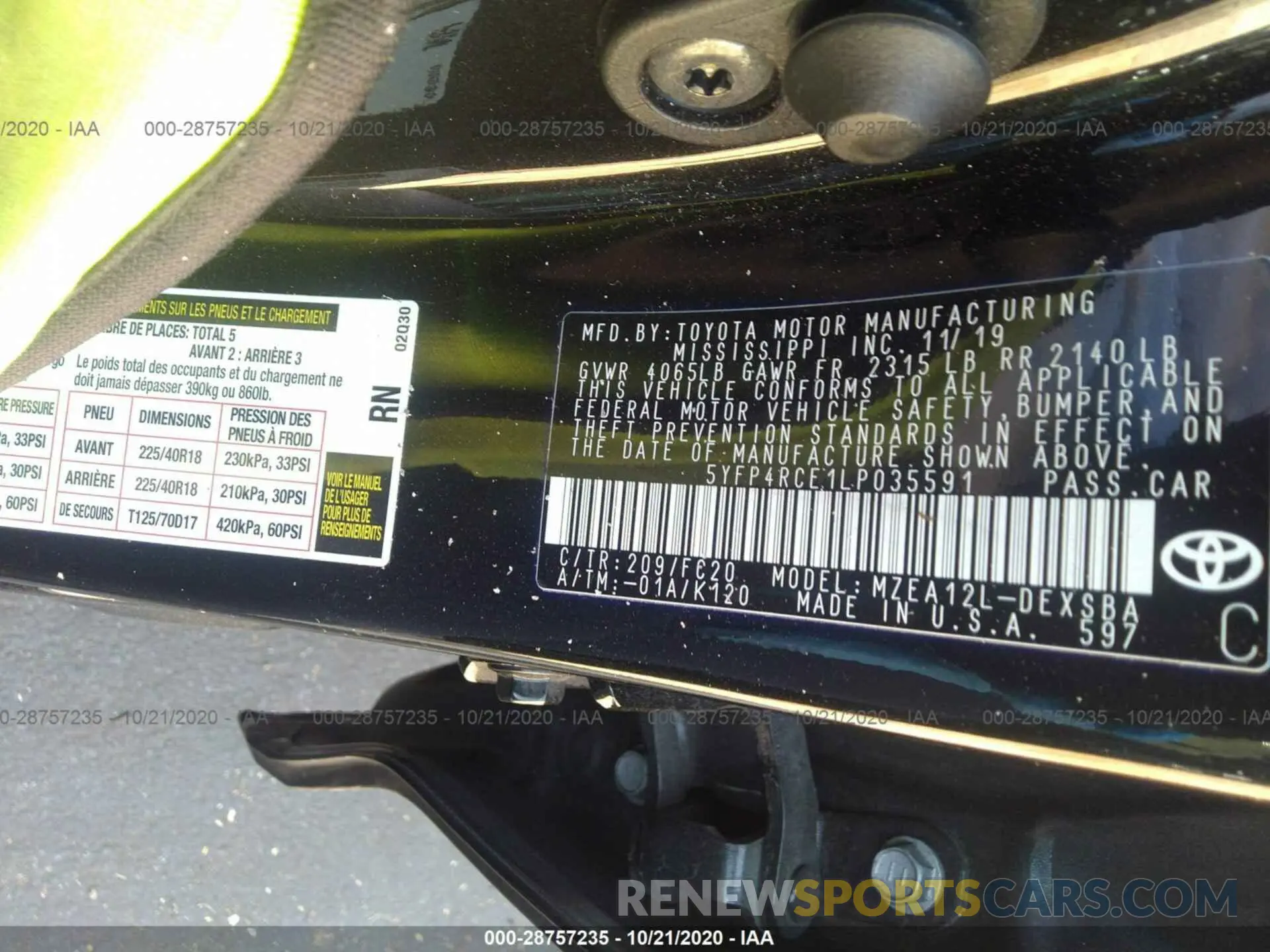 9 fotografías del automóvil dañado 5YFP4RCE1LP035591 TOYOTA COROLLA 2020