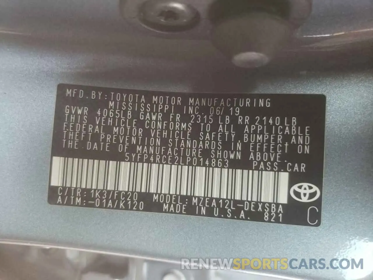10 fotografías del automóvil dañado 5YFP4RCE2LP014863 TOYOTA COROLLA 2020