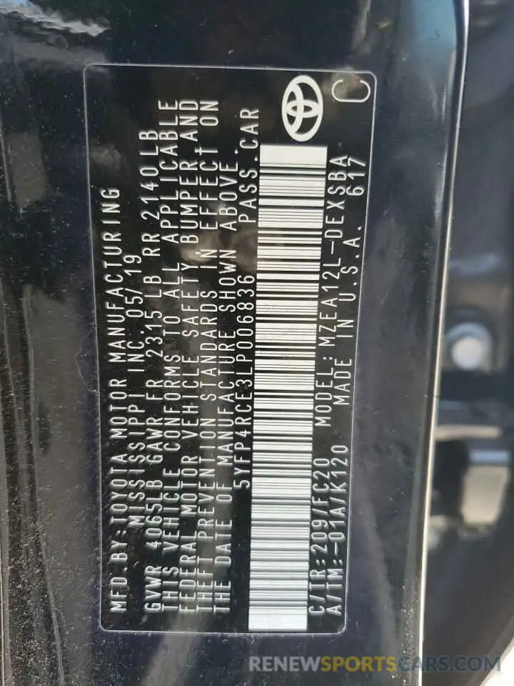 12 fotografías del automóvil dañado 5YFP4RCE3LP006836 TOYOTA COROLLA 2020