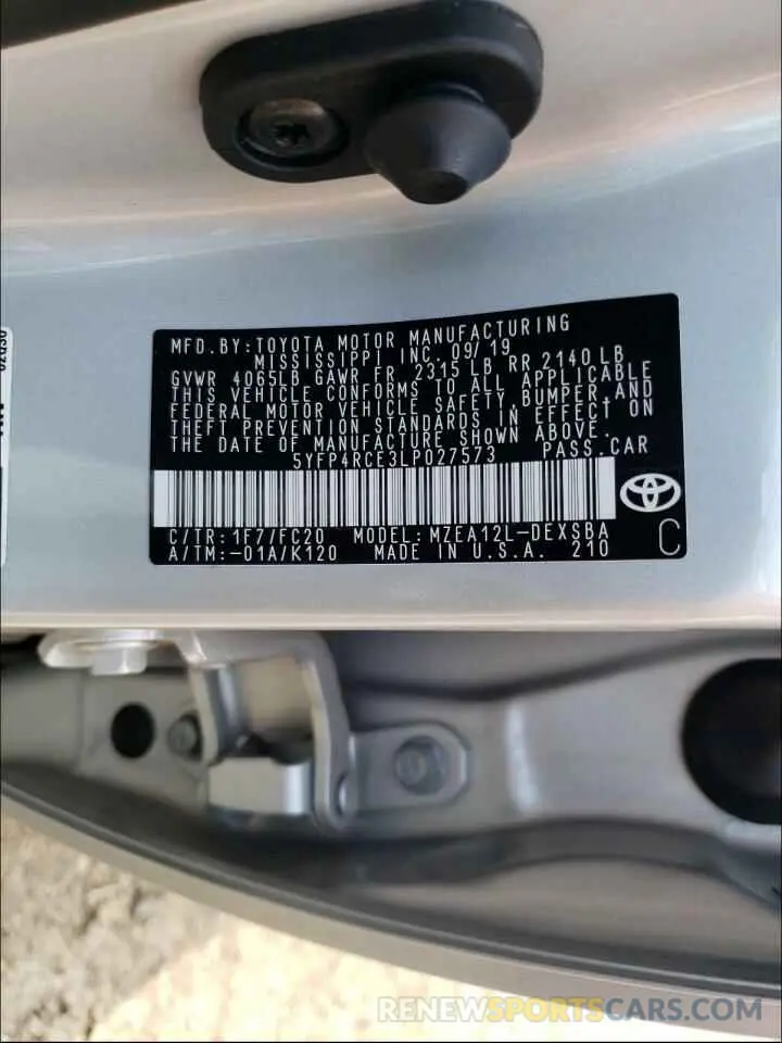 10 fotografías del automóvil dañado 5YFP4RCE3LP027573 TOYOTA COROLLA 2020
