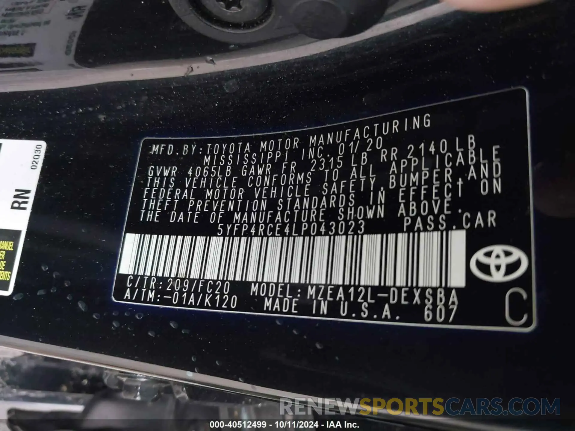 9 fotografías del automóvil dañado 5YFP4RCE4LP043023 TOYOTA COROLLA 2020