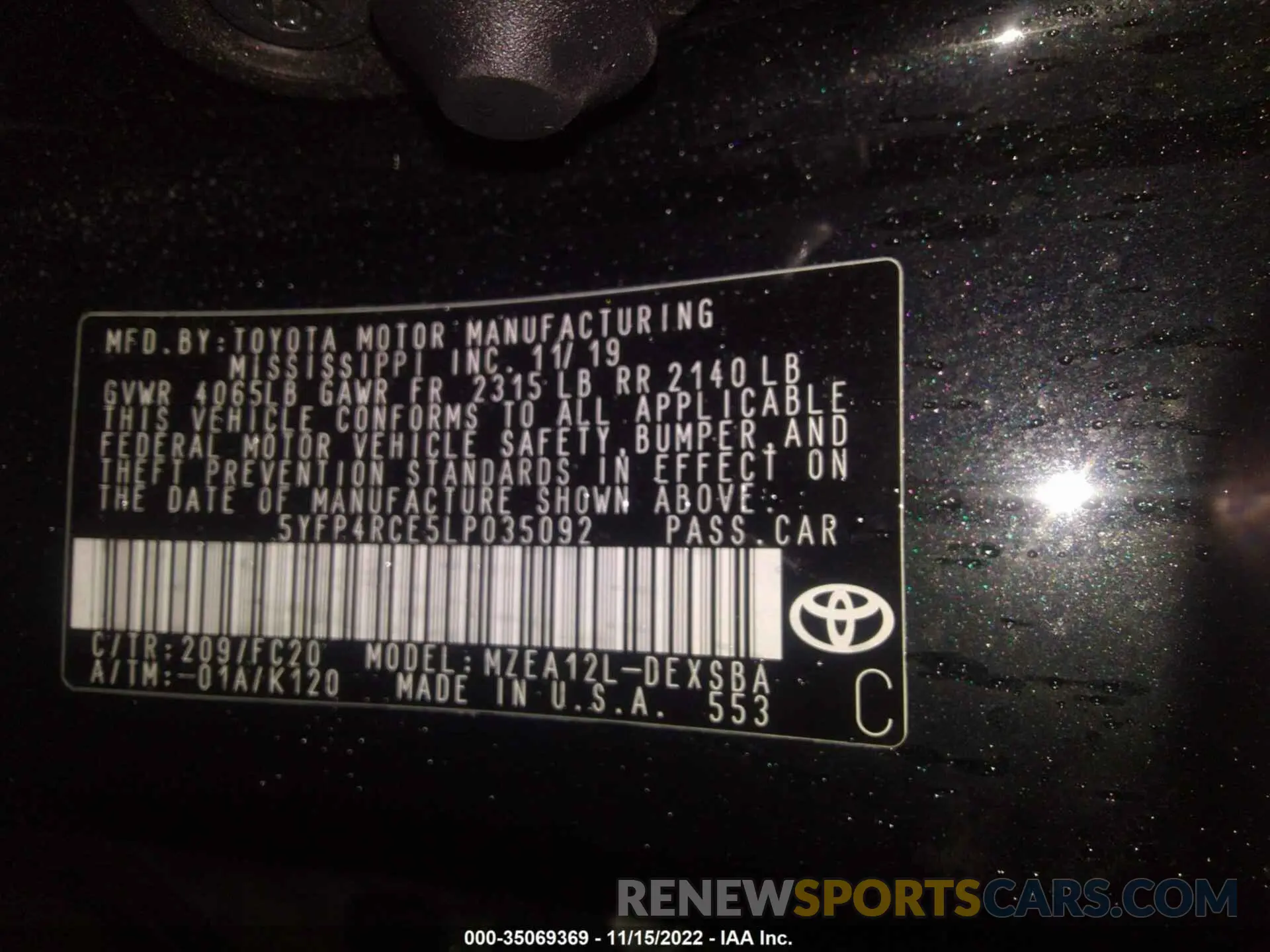 9 fotografías del automóvil dañado 5YFP4RCE5LP035092 TOYOTA COROLLA 2020