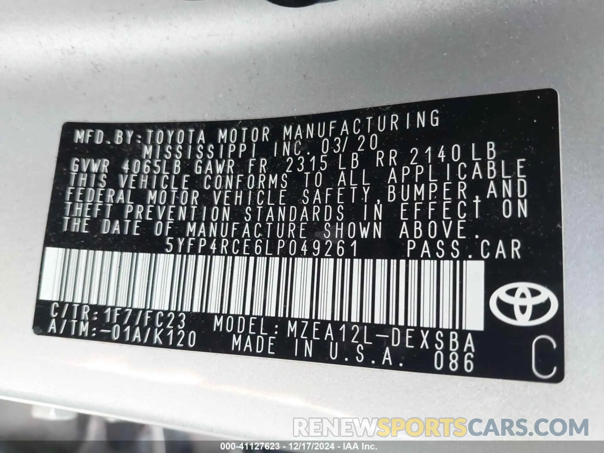 9 fotografías del automóvil dañado 5YFP4RCE6LP049261 TOYOTA COROLLA 2020