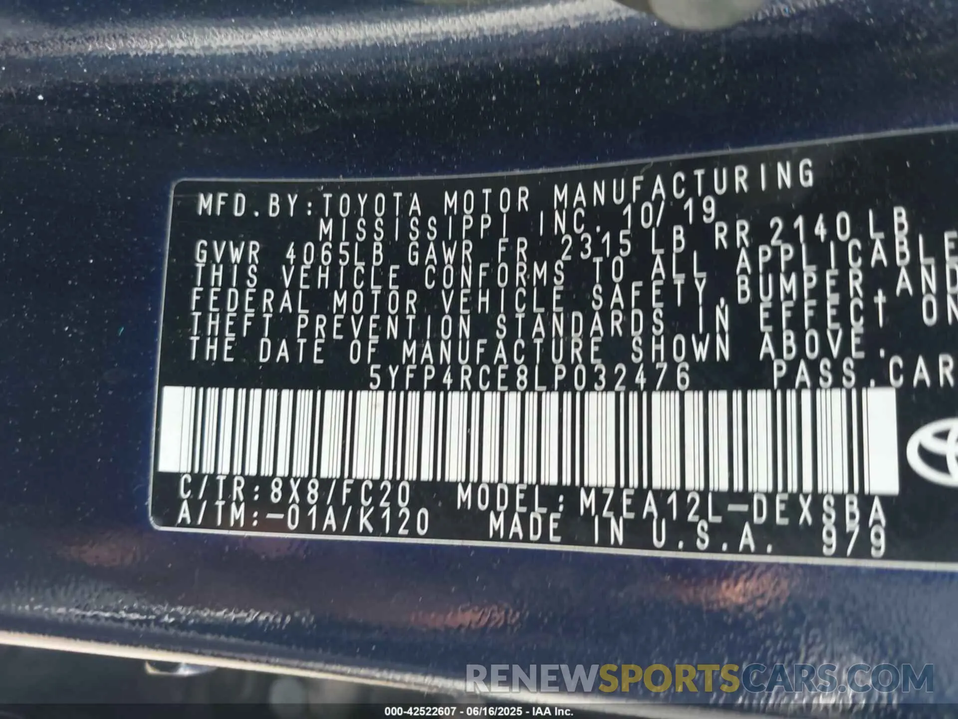 9 fotografías del automóvil dañado 5YFP4RCE8LP032476 TOYOTA COROLLA 2020