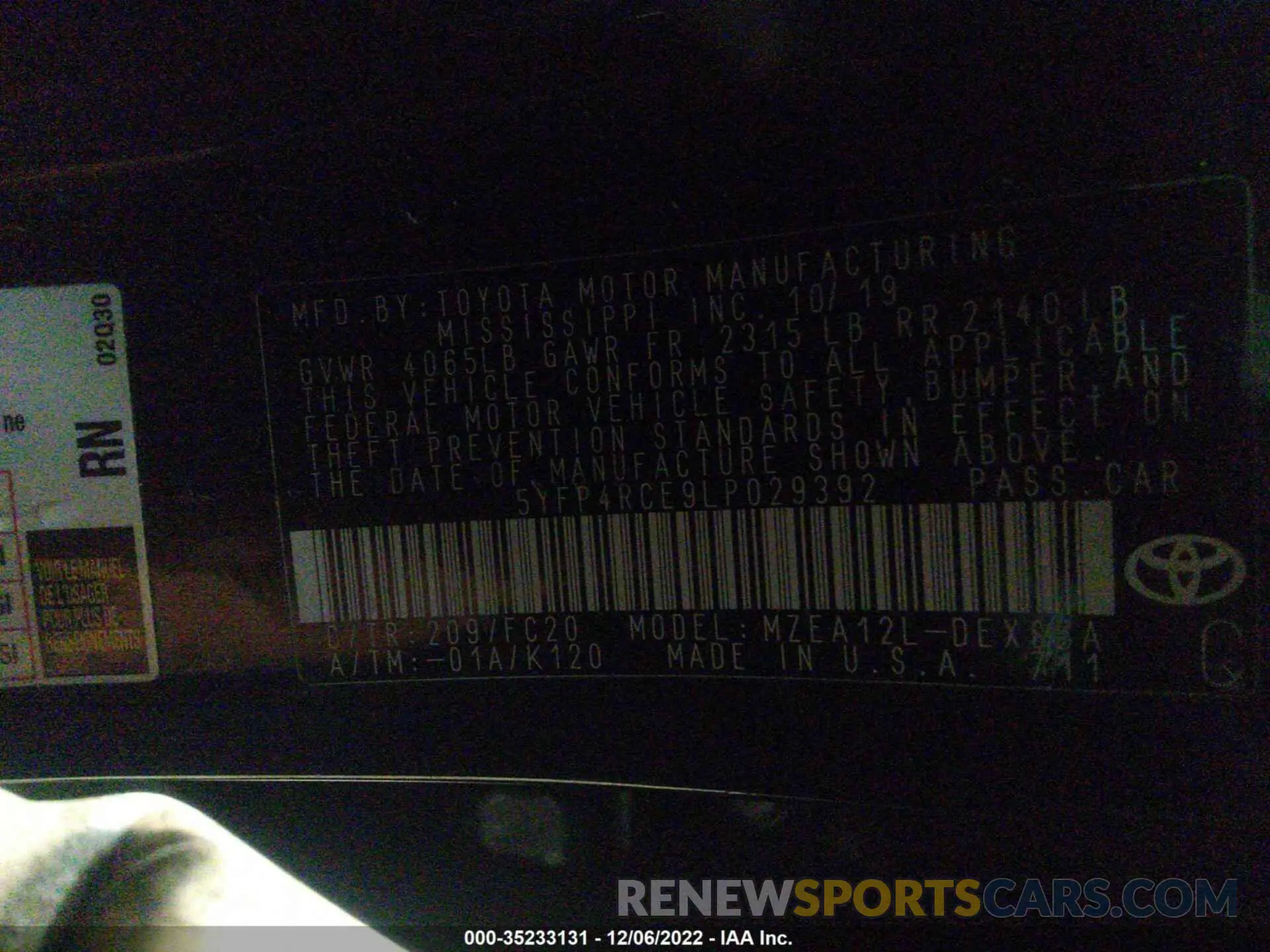 9 fotografías del automóvil dañado 5YFP4RCE9LP029392 TOYOTA COROLLA 2020