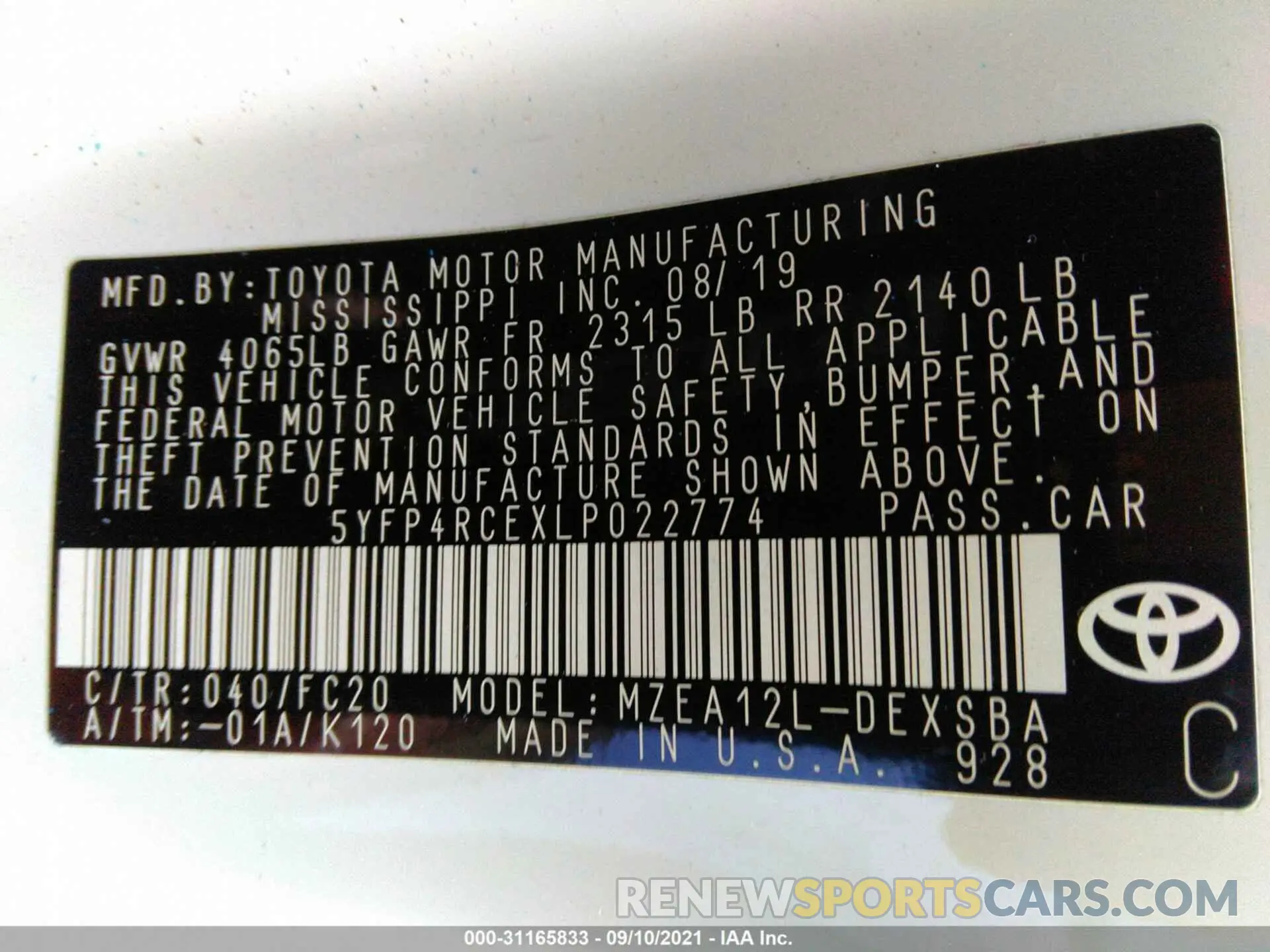 9 fotografías del automóvil dañado 5YFP4RCEXLP022774 TOYOTA COROLLA 2020