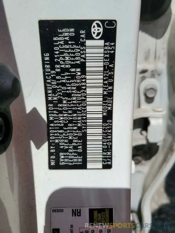 13 fotografías del automóvil dañado 5YFS4RCE0LP024849 TOYOTA COROLLA 2020