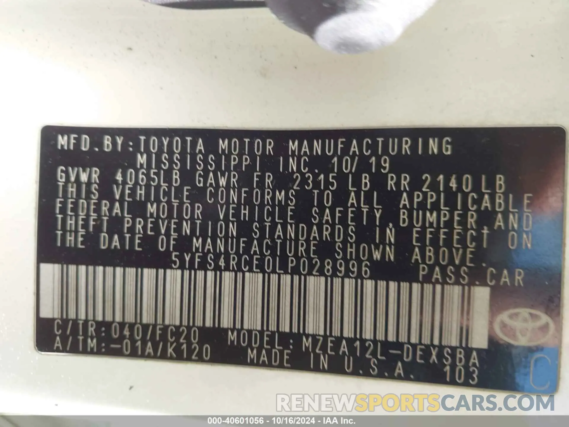 9 fotografías del automóvil dañado 5YFS4RCE0LP028996 TOYOTA COROLLA 2020