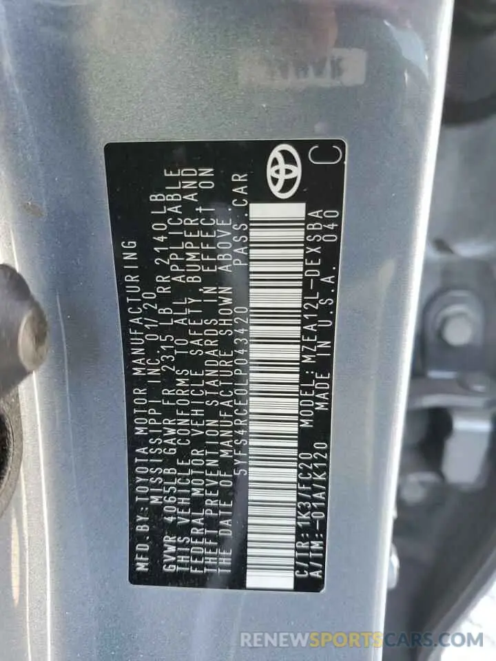 13 fotografías del automóvil dañado 5YFS4RCE0LP043420 TOYOTA COROLLA 2020