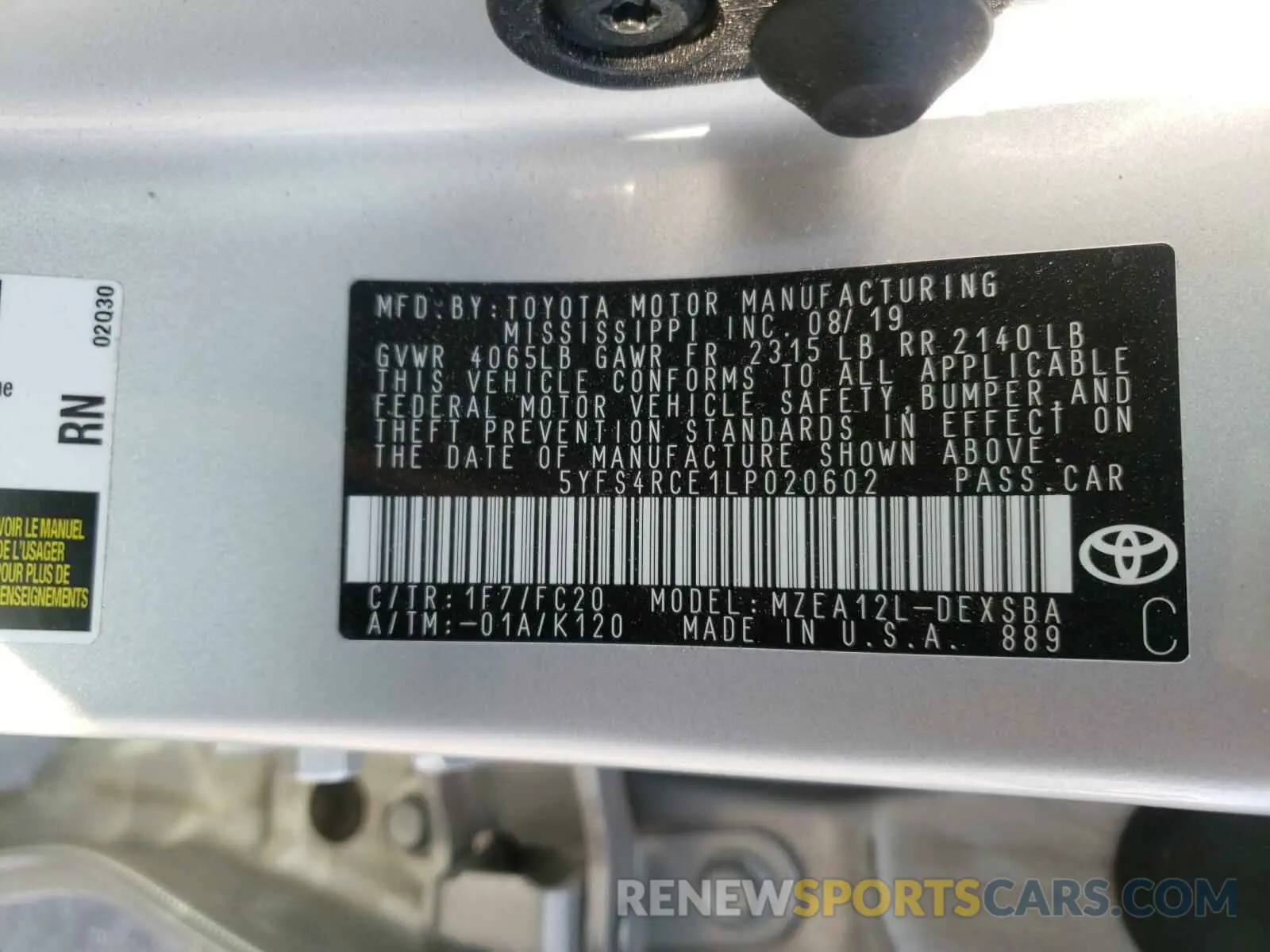 10 fotografías del automóvil dañado 5YFS4RCE1LP020602 TOYOTA COROLLA 2020
