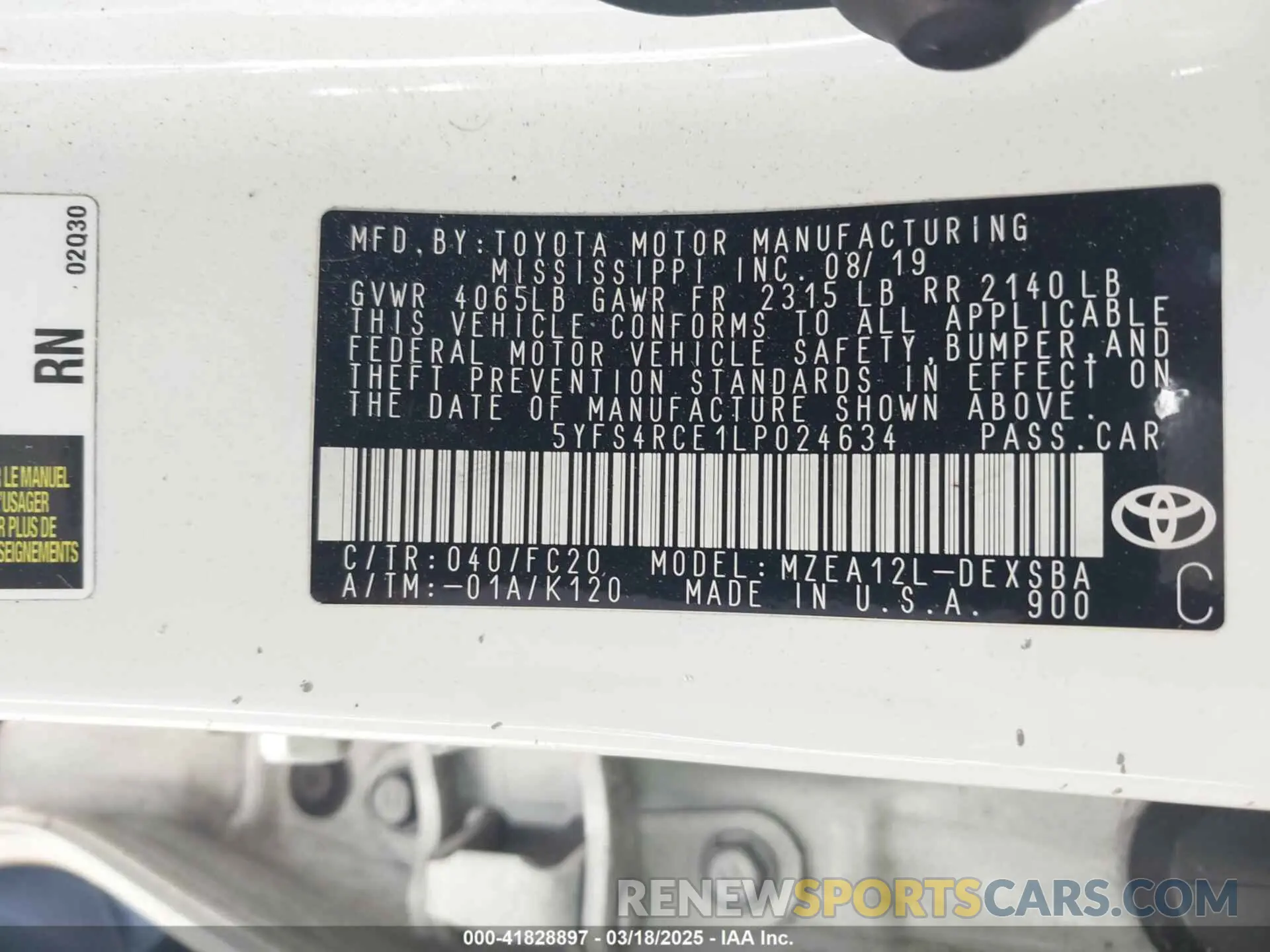9 fotografías del automóvil dañado 5YFS4RCE1LP024634 TOYOTA COROLLA 2020
