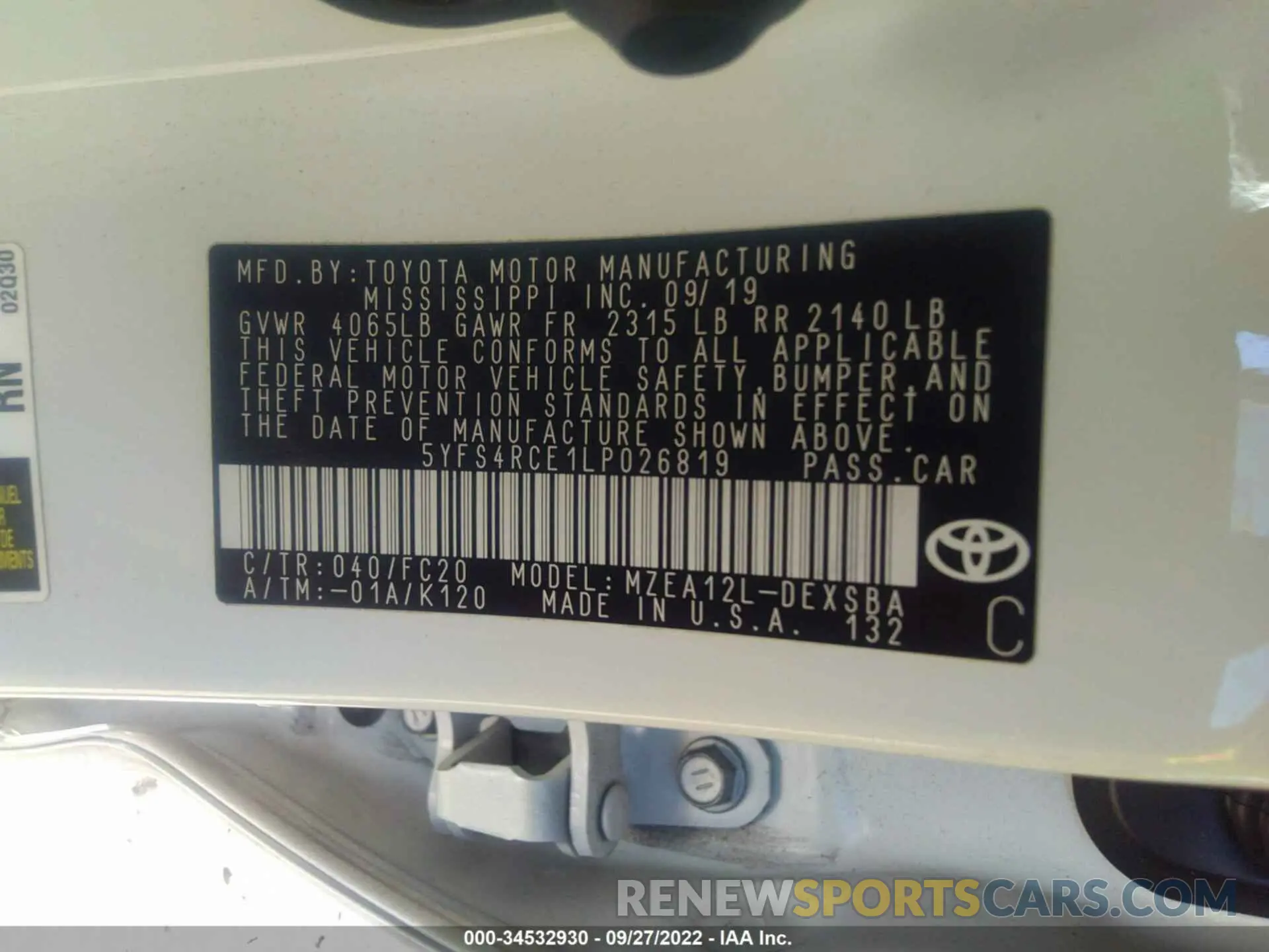 9 fotografías del automóvil dañado 5YFS4RCE1LP026819 TOYOTA COROLLA 2020