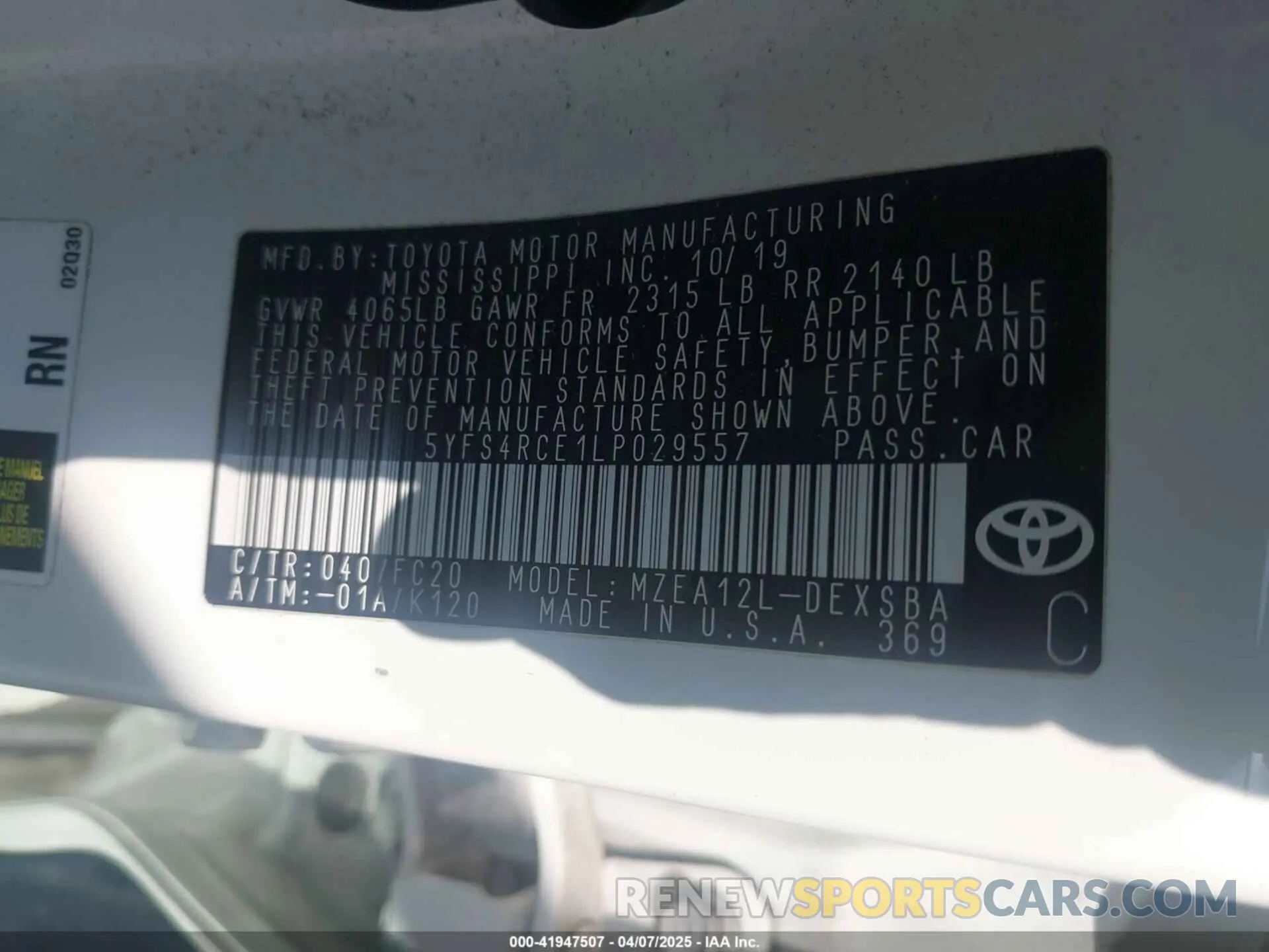 9 fotografías del automóvil dañado 5YFS4RCE1LP029557 TOYOTA COROLLA 2020