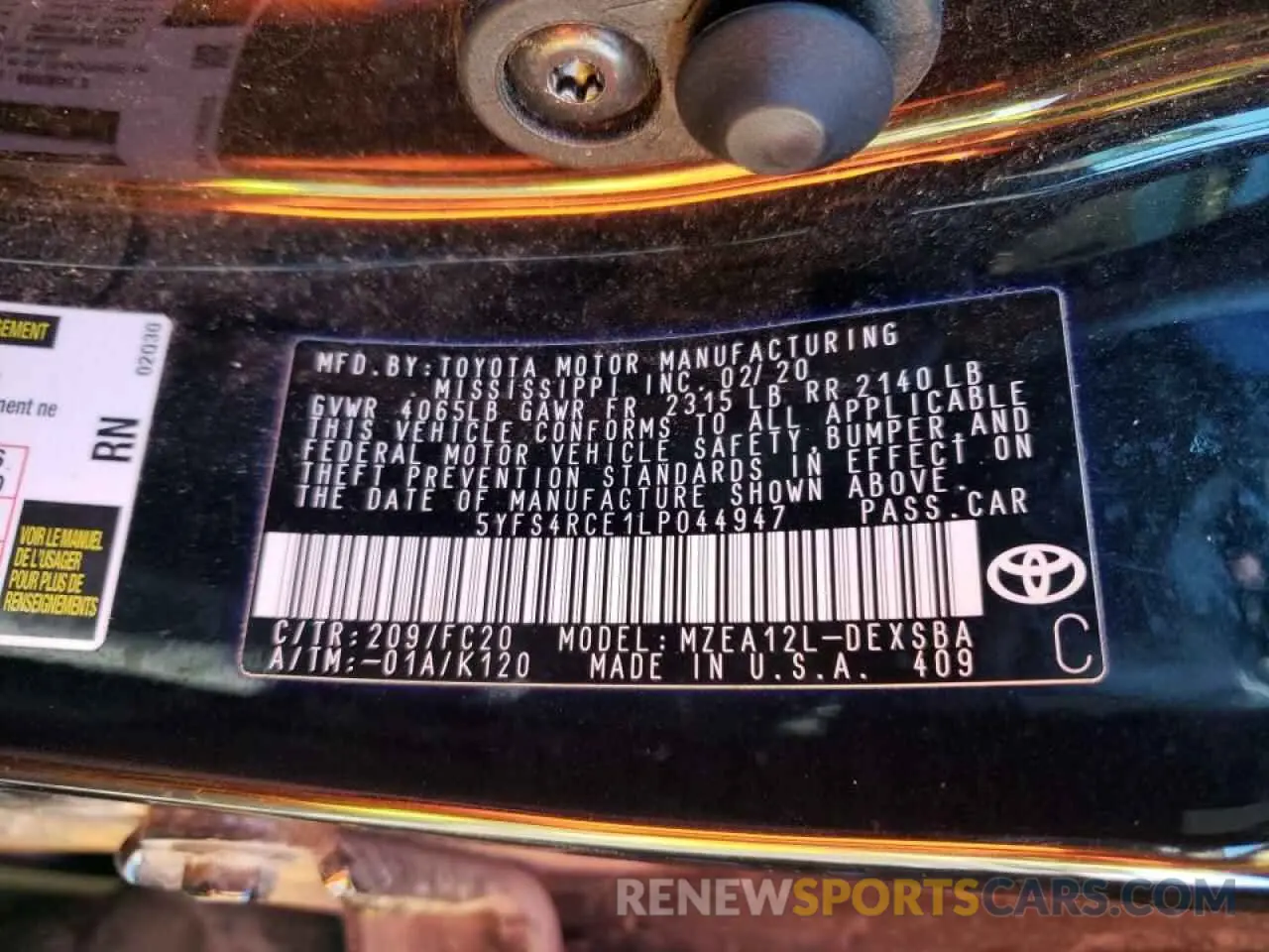 10 fotografías del automóvil dañado 5YFS4RCE1LP044947 TOYOTA COROLLA 2020