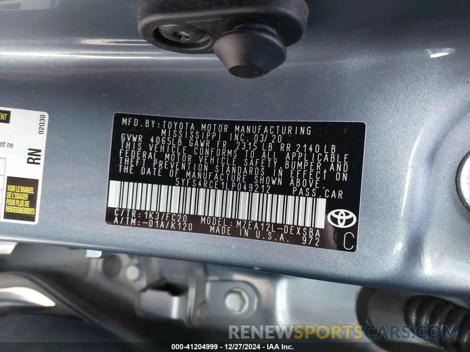 9 fotografías del automóvil dañado 5YFS4RCE1LP049212 TOYOTA COROLLA 2020
