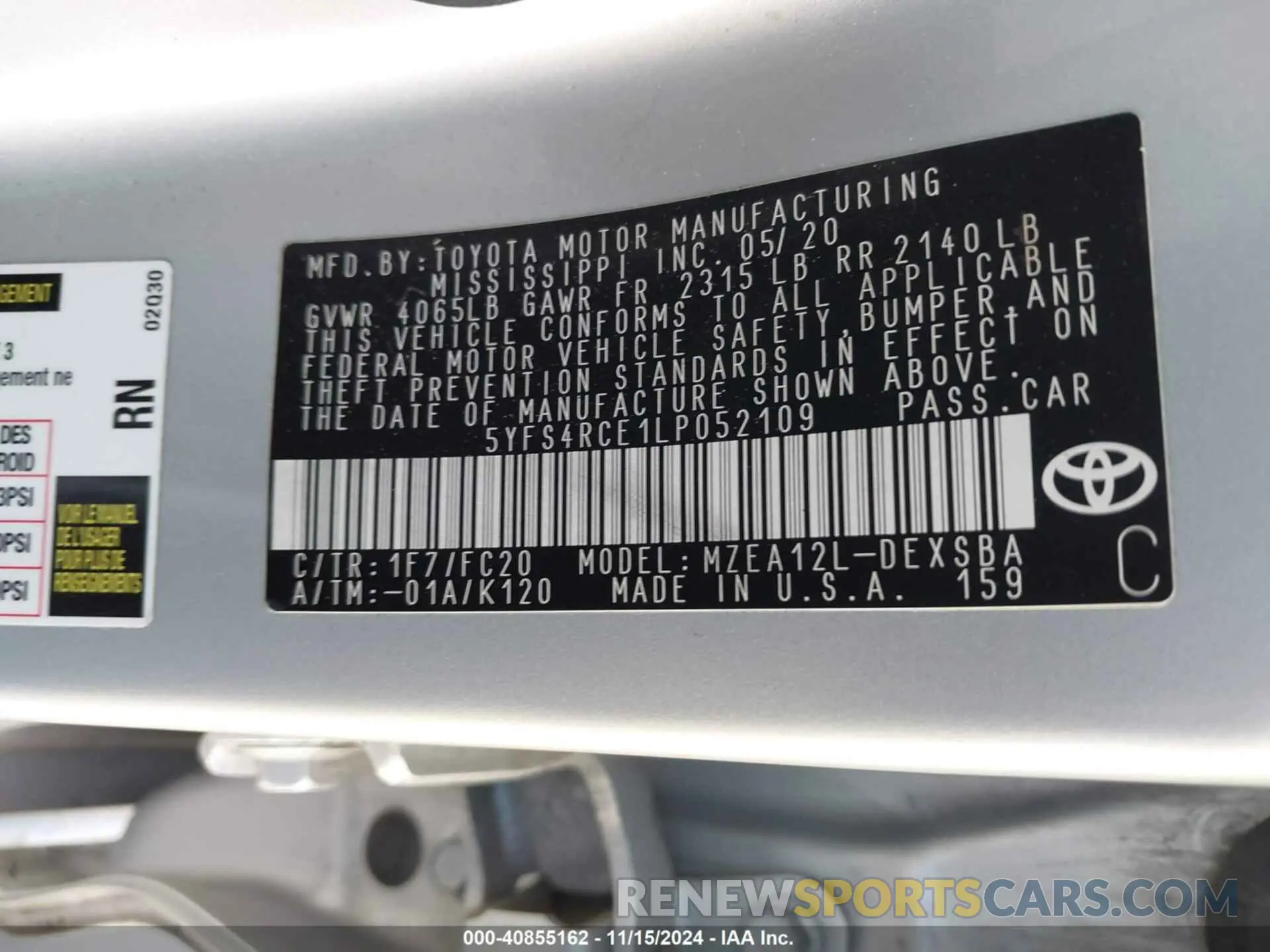 9 fotografías del automóvil dañado 5YFS4RCE1LP052109 TOYOTA COROLLA 2020