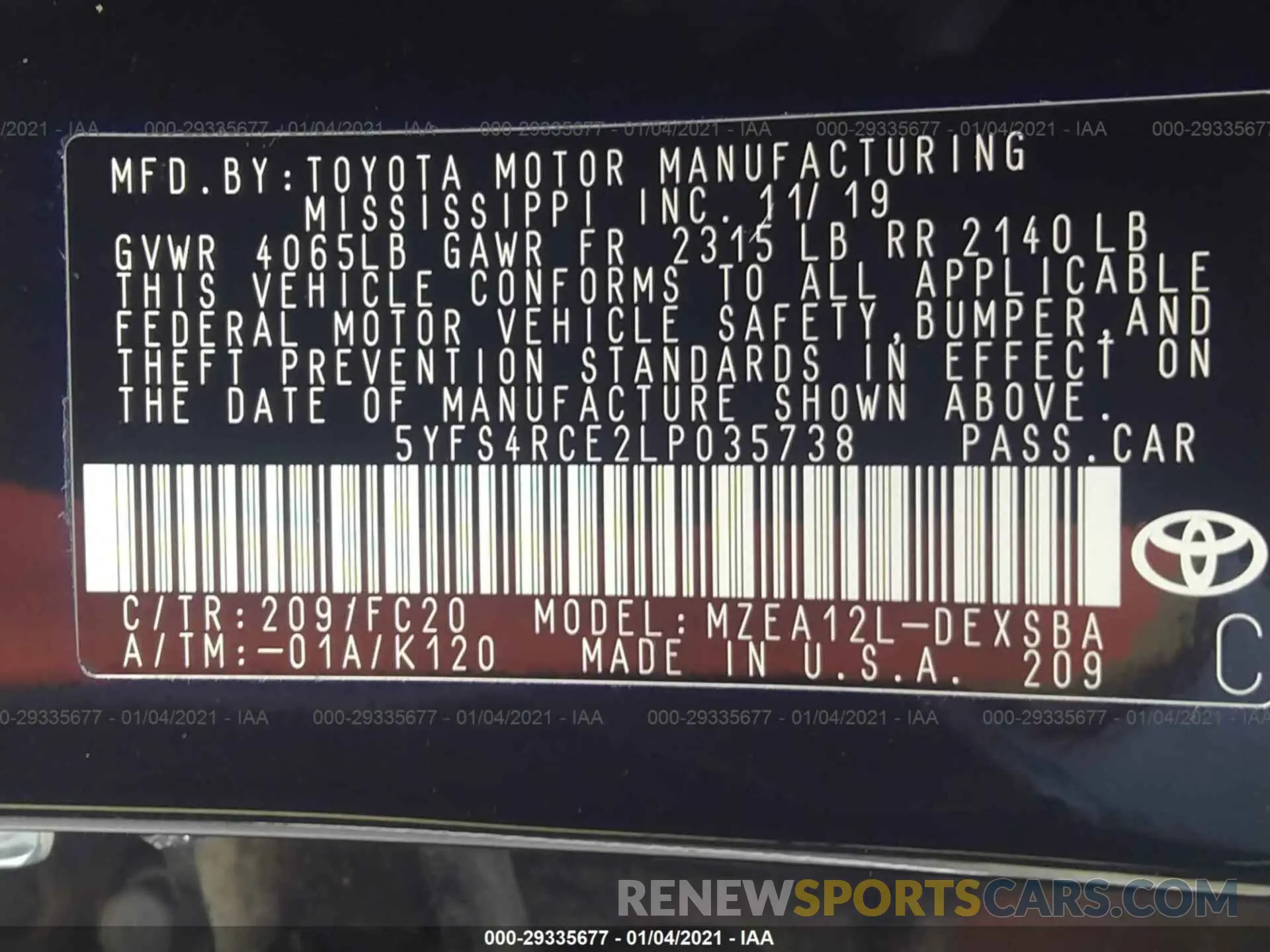 9 fotografías del automóvil dañado 5YFS4RCE2LP035738 TOYOTA COROLLA 2020