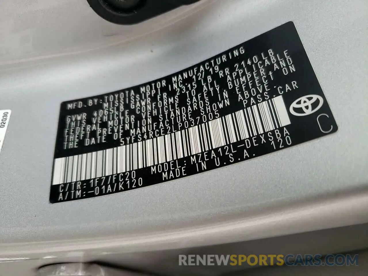 10 fotografías del automóvil dañado 5YFS4RCE2LP037005 TOYOTA COROLLA 2020