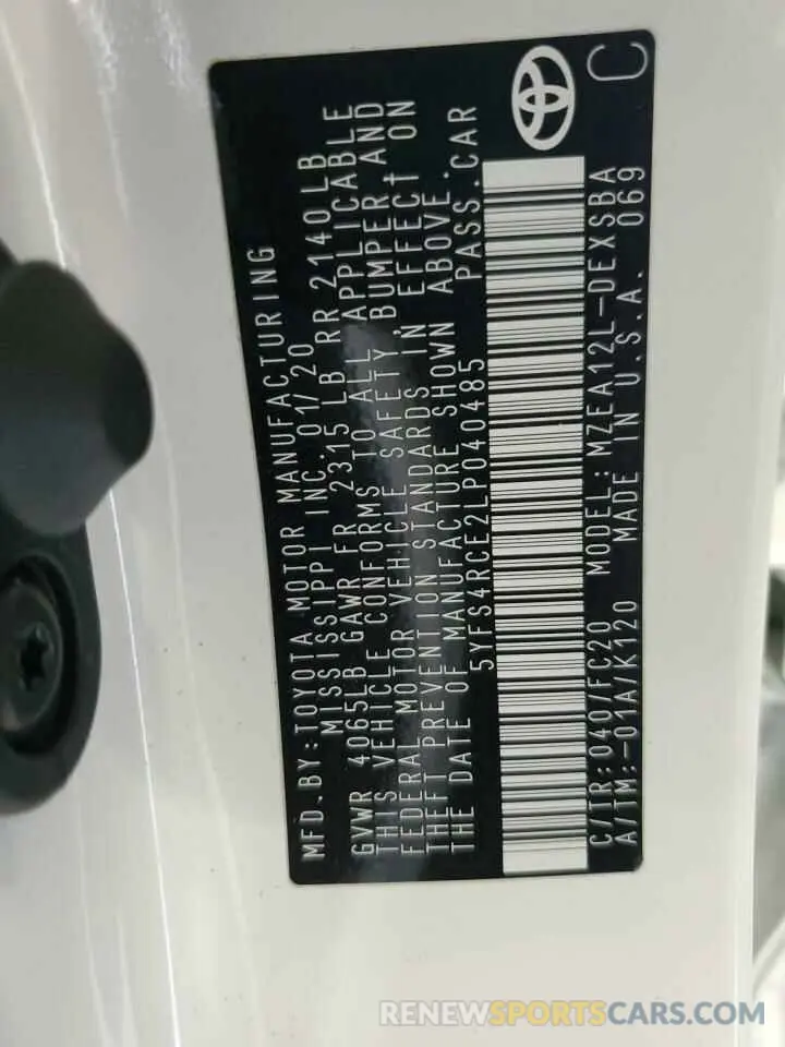 12 fotografías del automóvil dañado 5YFS4RCE2LP040485 TOYOTA COROLLA 2020