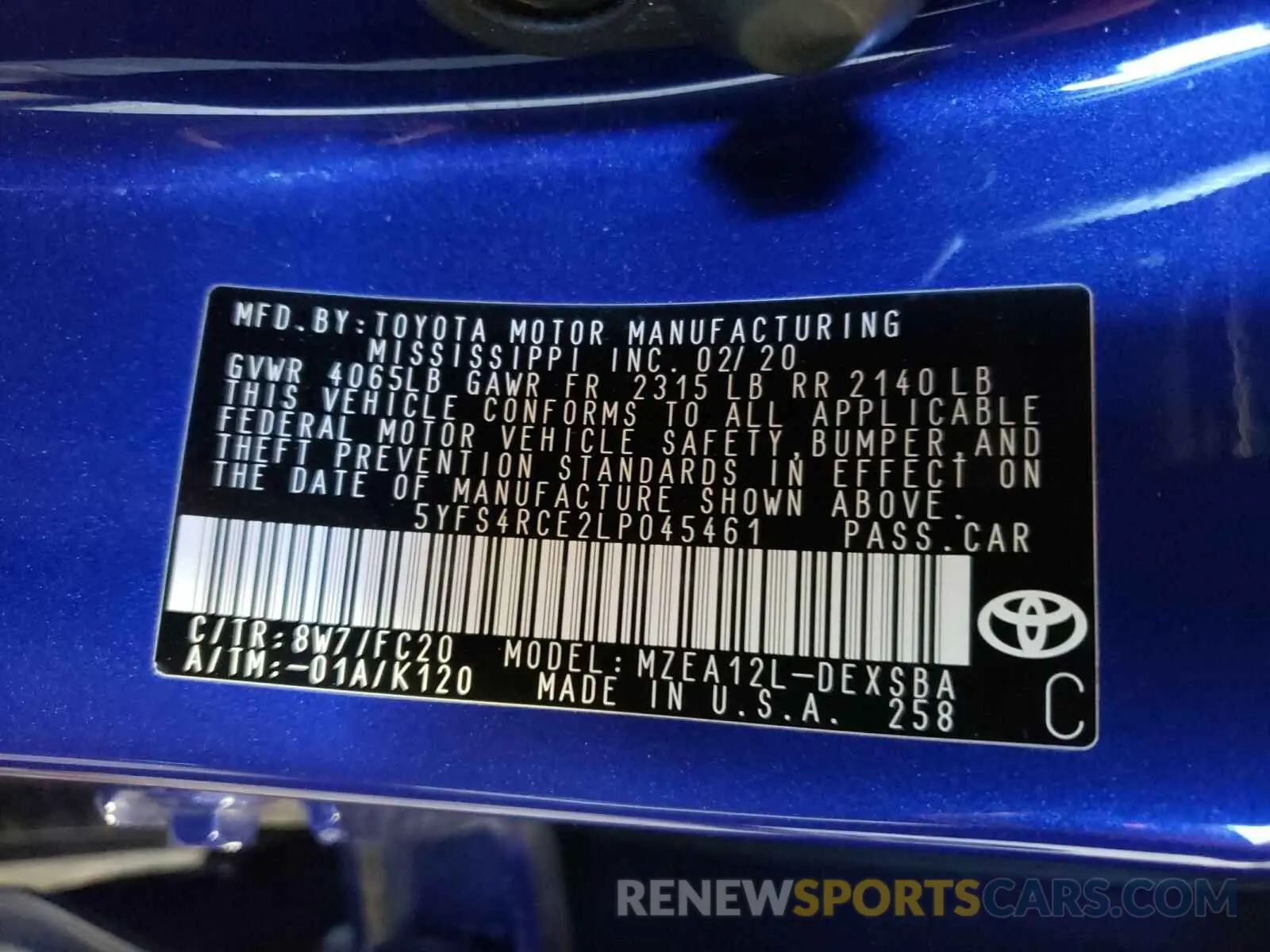 10 fotografías del automóvil dañado 5YFS4RCE2LP045461 TOYOTA COROLLA 2020