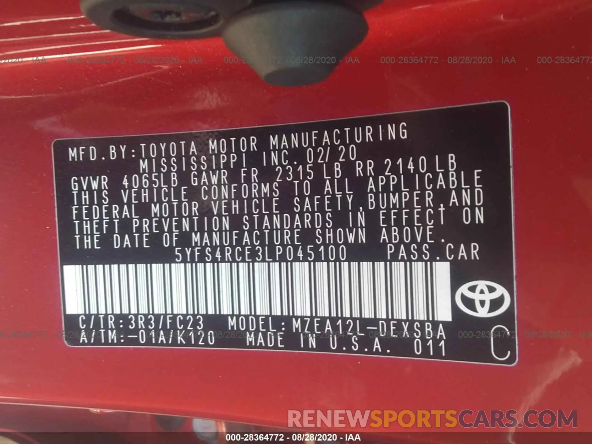 9 fotografías del automóvil dañado 5YFS4RCE3LP045100 TOYOTA COROLLA 2020