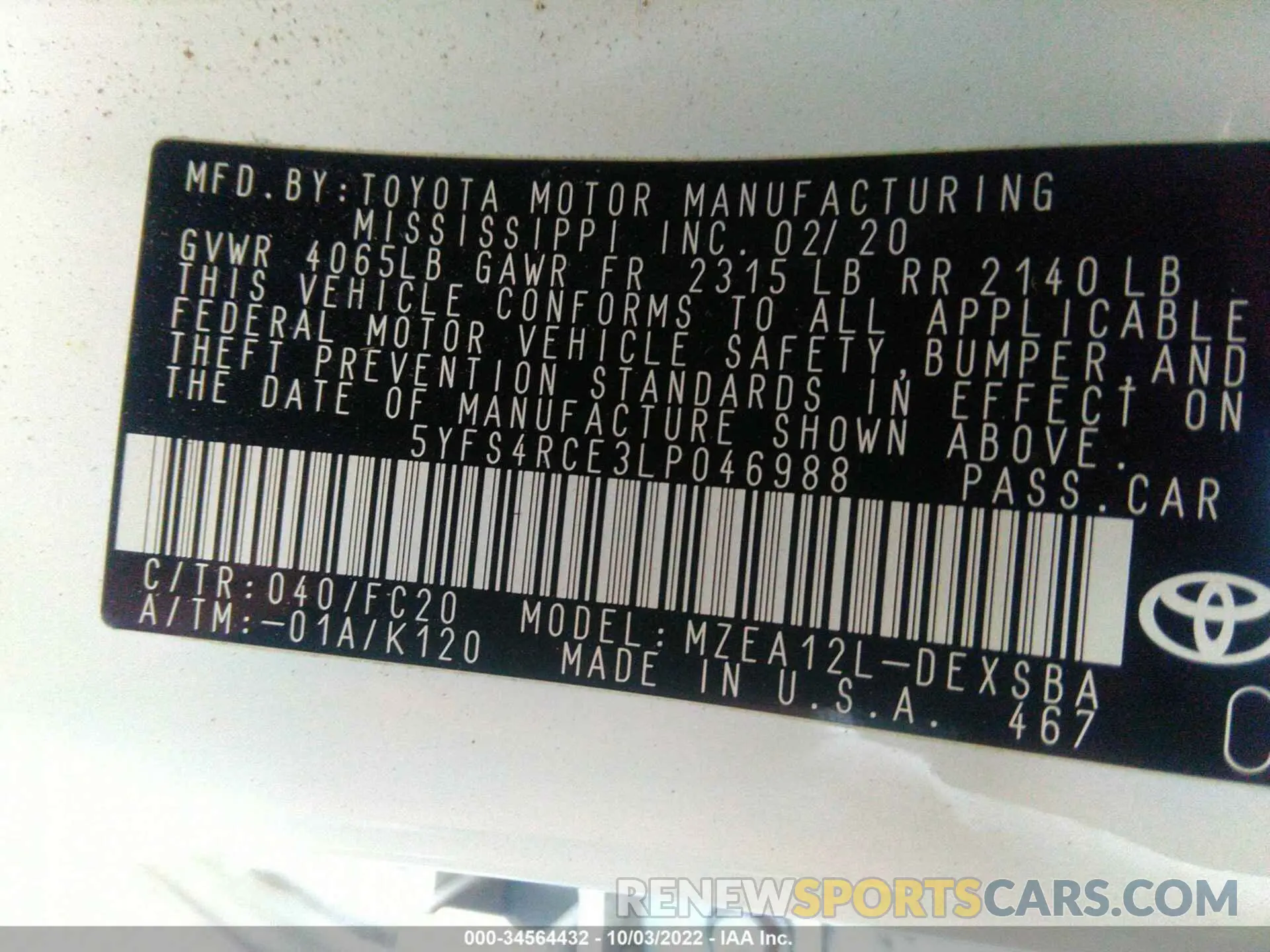 9 fotografías del automóvil dañado 5YFS4RCE3LP046988 TOYOTA COROLLA 2020