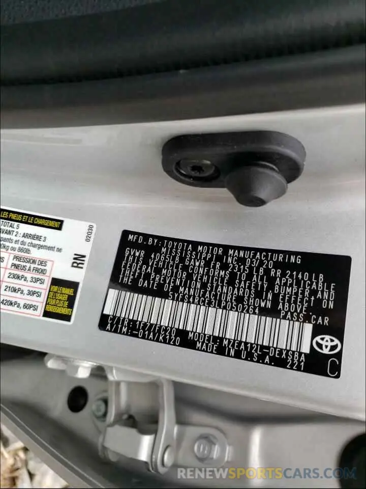 10 fotografías del automóvil dañado 5YFS4RCE3LP050264 TOYOTA COROLLA 2020