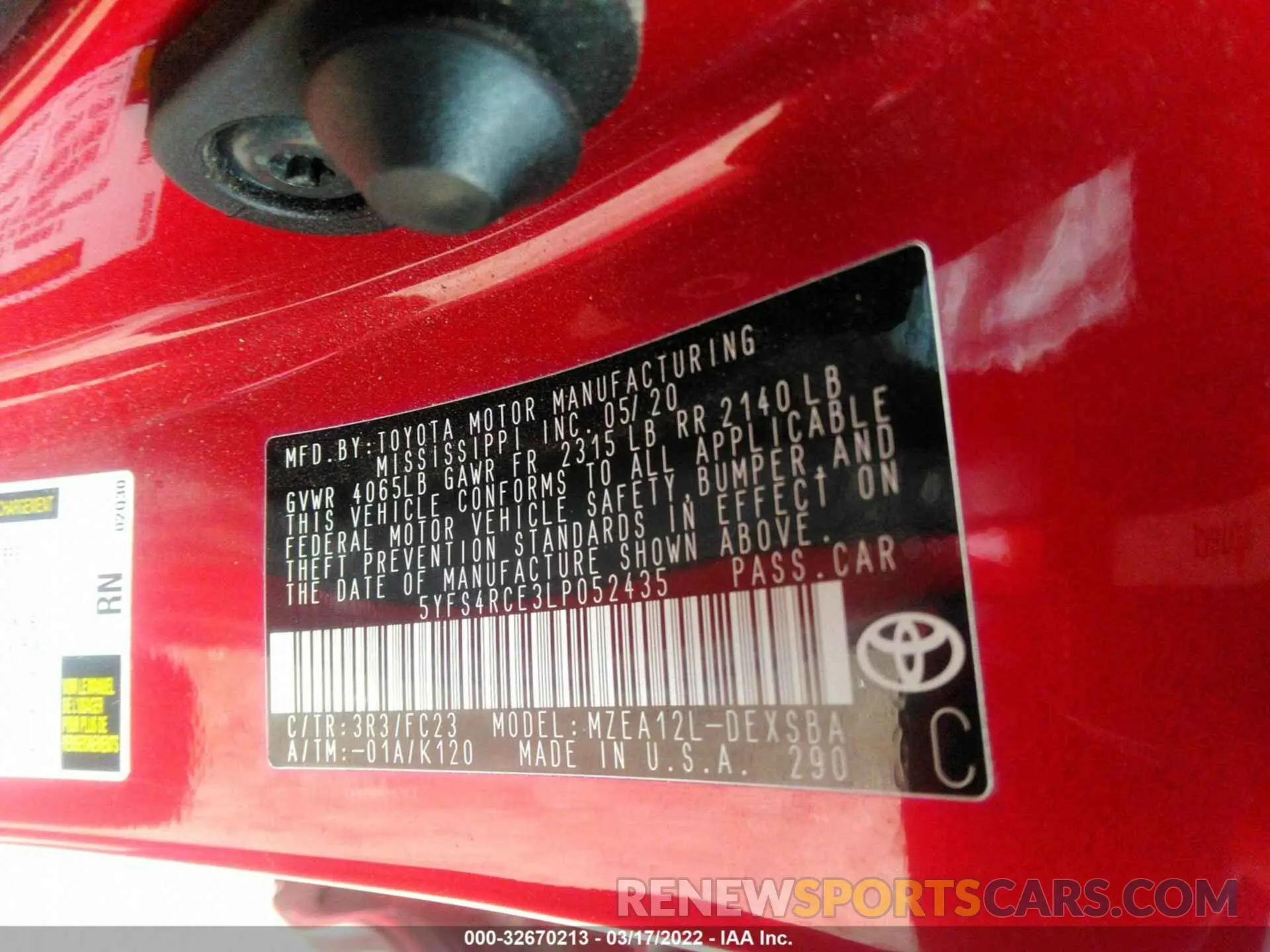9 fotografías del automóvil dañado 5YFS4RCE3LP052435 TOYOTA COROLLA 2020