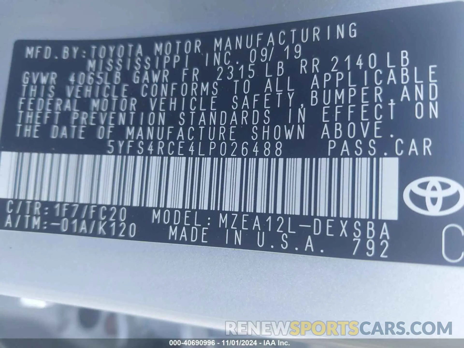9 fotografías del automóvil dañado 5YFS4RCE4LP026488 TOYOTA COROLLA 2020