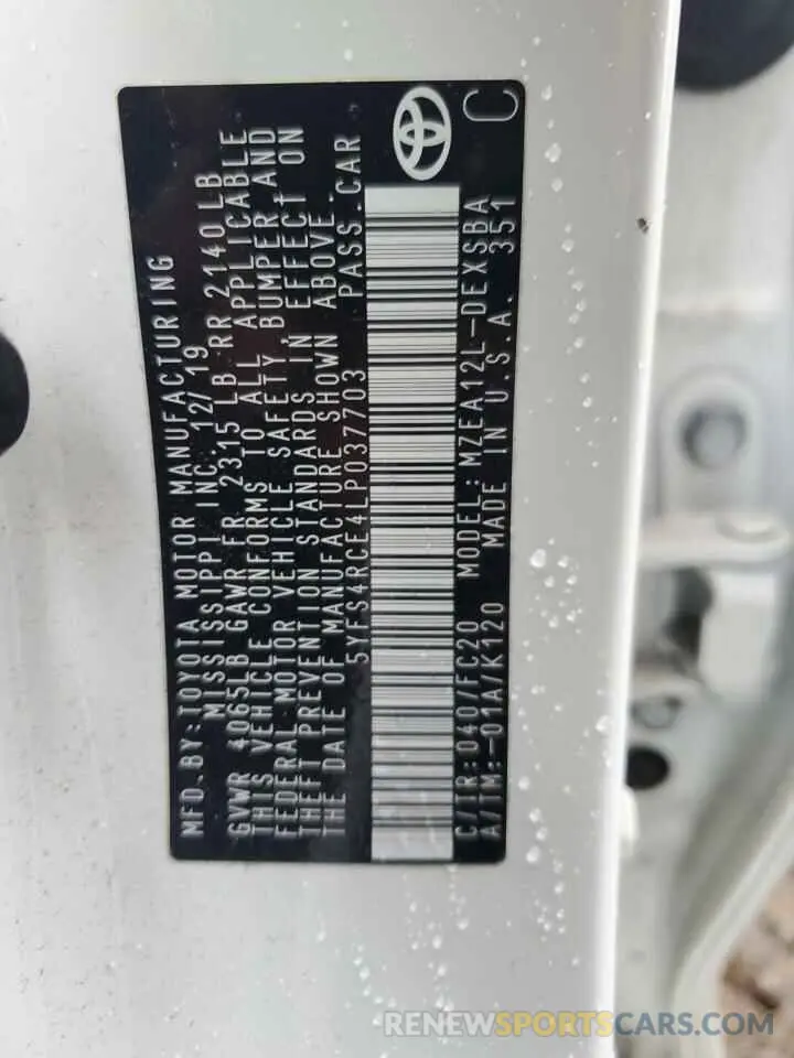 13 fotografías del automóvil dañado 5YFS4RCE4LP037703 TOYOTA COROLLA 2020