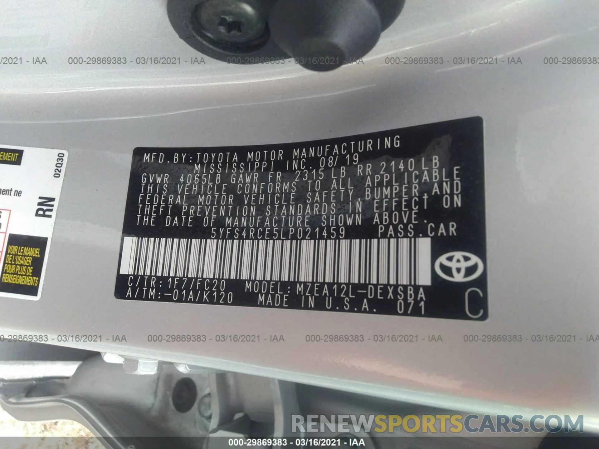 9 fotografías del automóvil dañado 5YFS4RCE5LP021459 TOYOTA COROLLA 2020