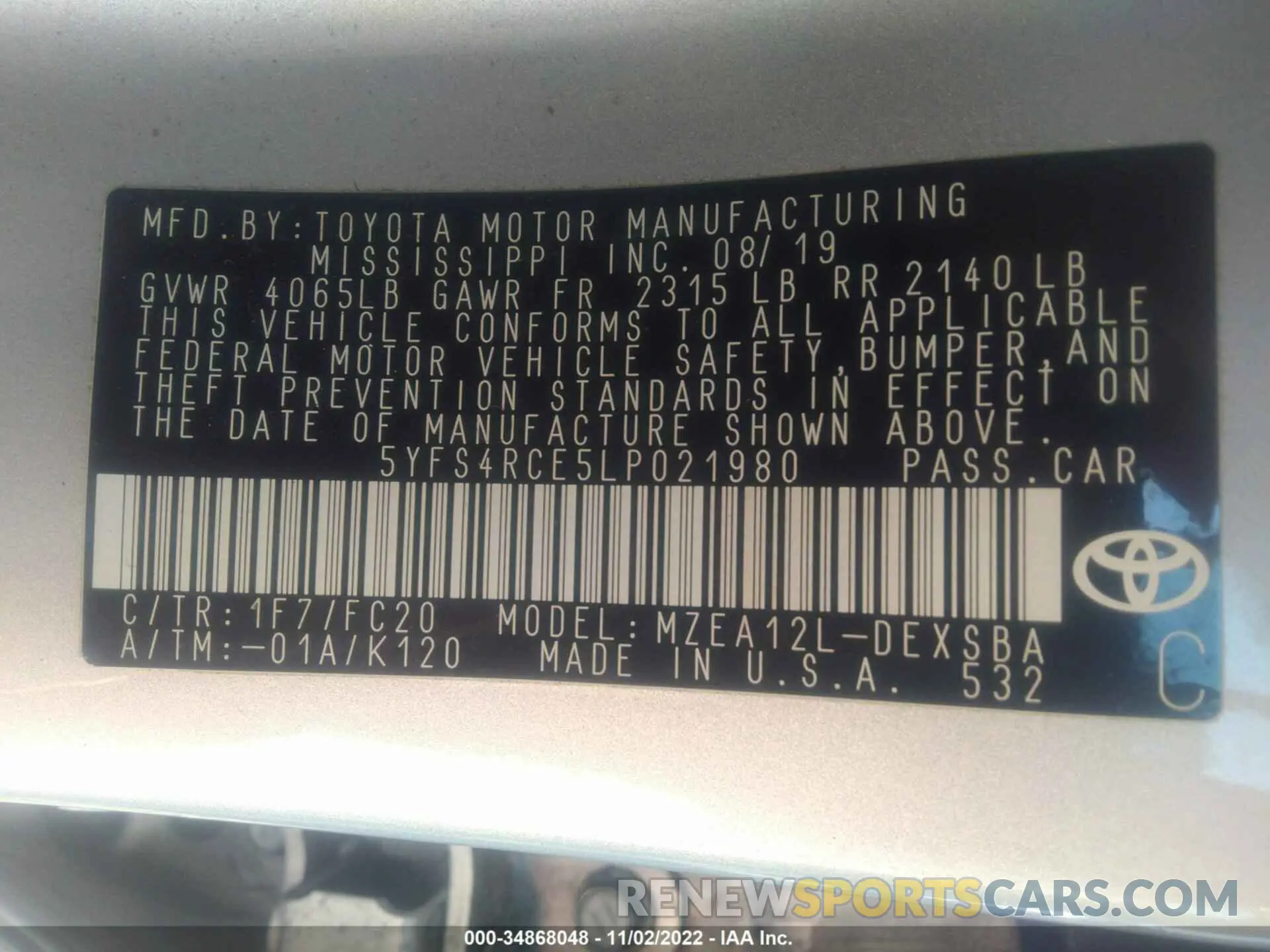 9 fotografías del automóvil dañado 5YFS4RCE5LP021980 TOYOTA COROLLA 2020