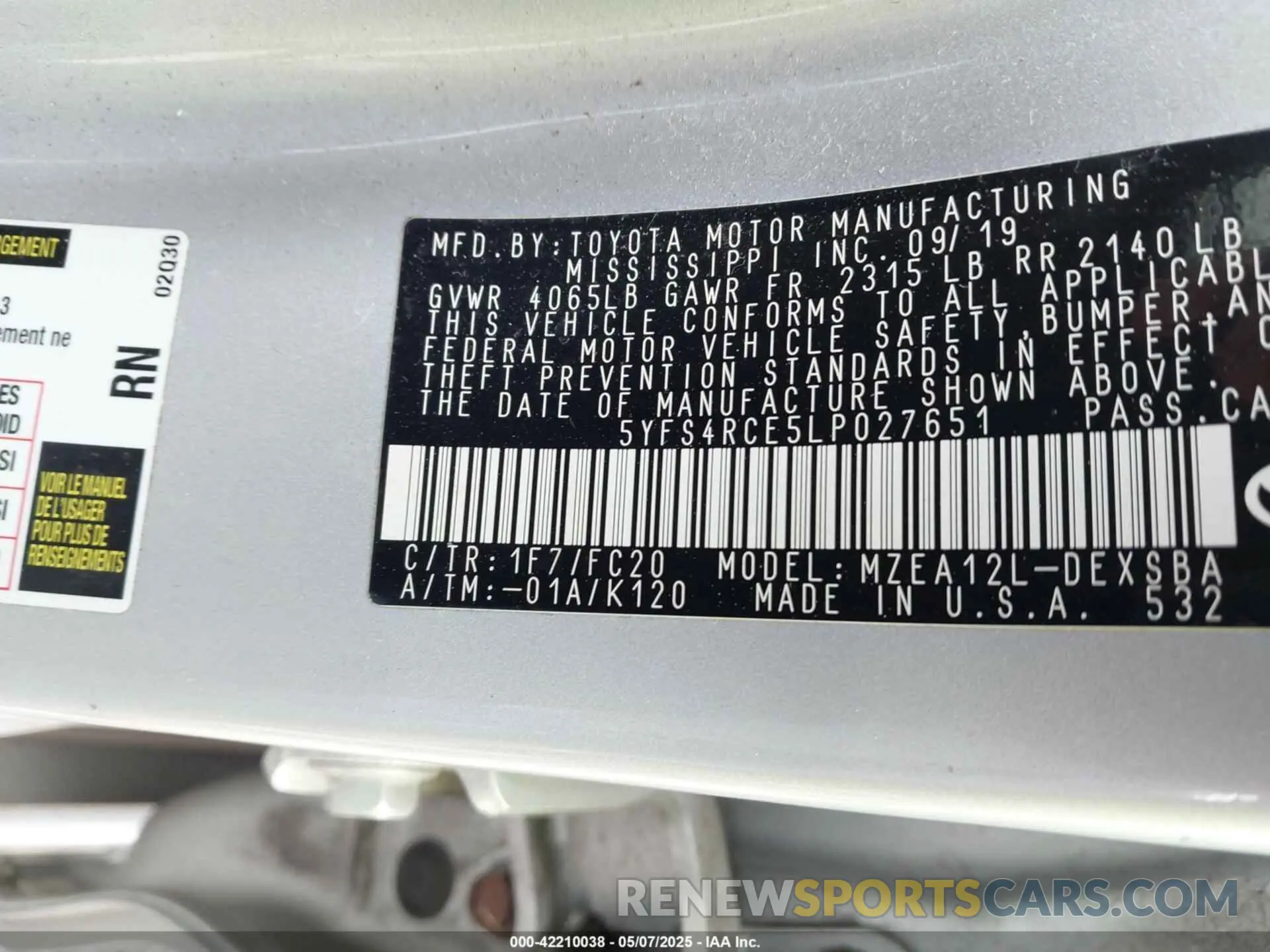 9 fotografías del automóvil dañado 5YFS4RCE5LP027651 TOYOTA COROLLA 2020