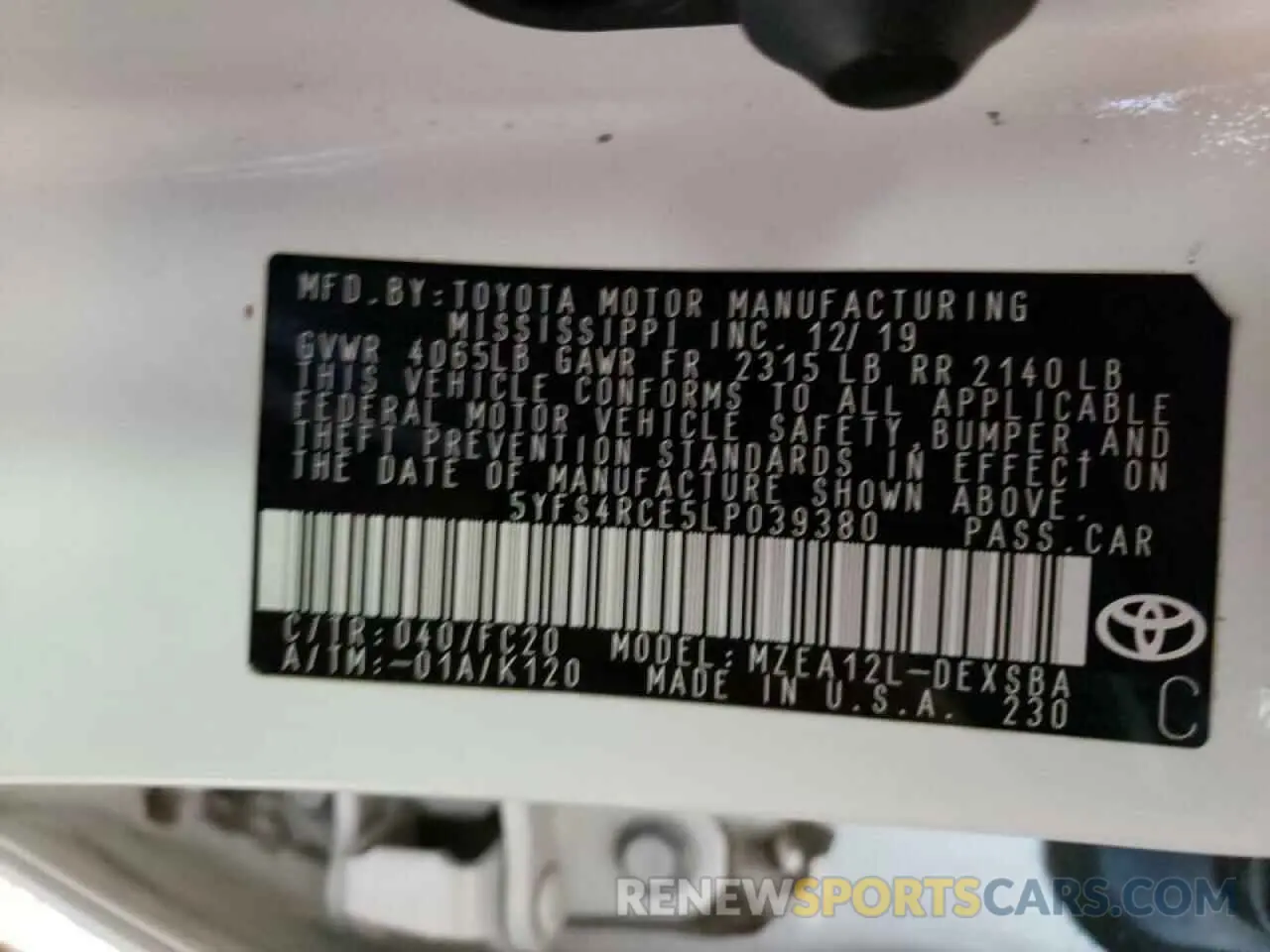 10 fotografías del automóvil dañado 5YFS4RCE5LP039380 TOYOTA COROLLA 2020