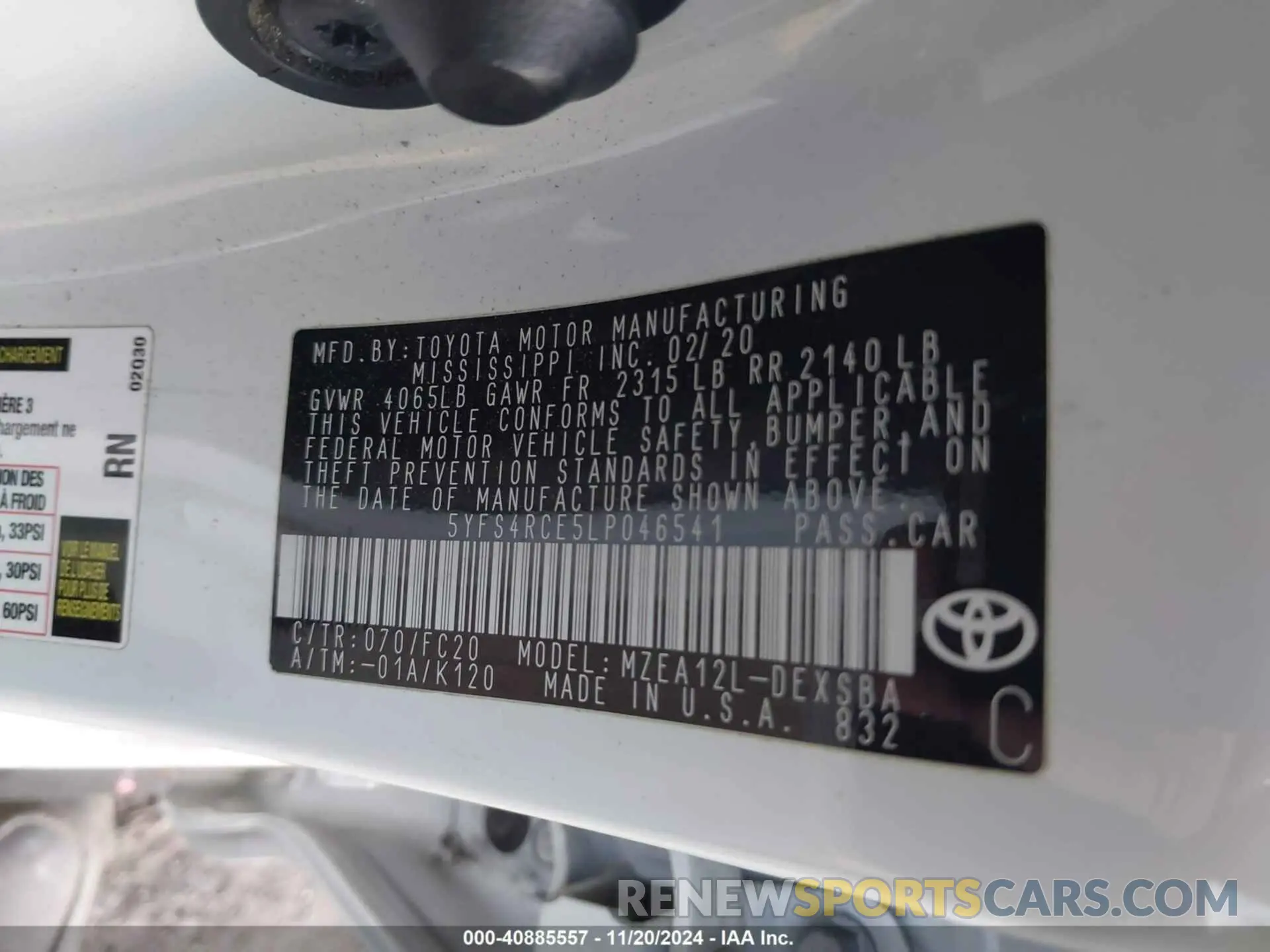9 fotografías del automóvil dañado 5YFS4RCE5LP046541 TOYOTA COROLLA 2020