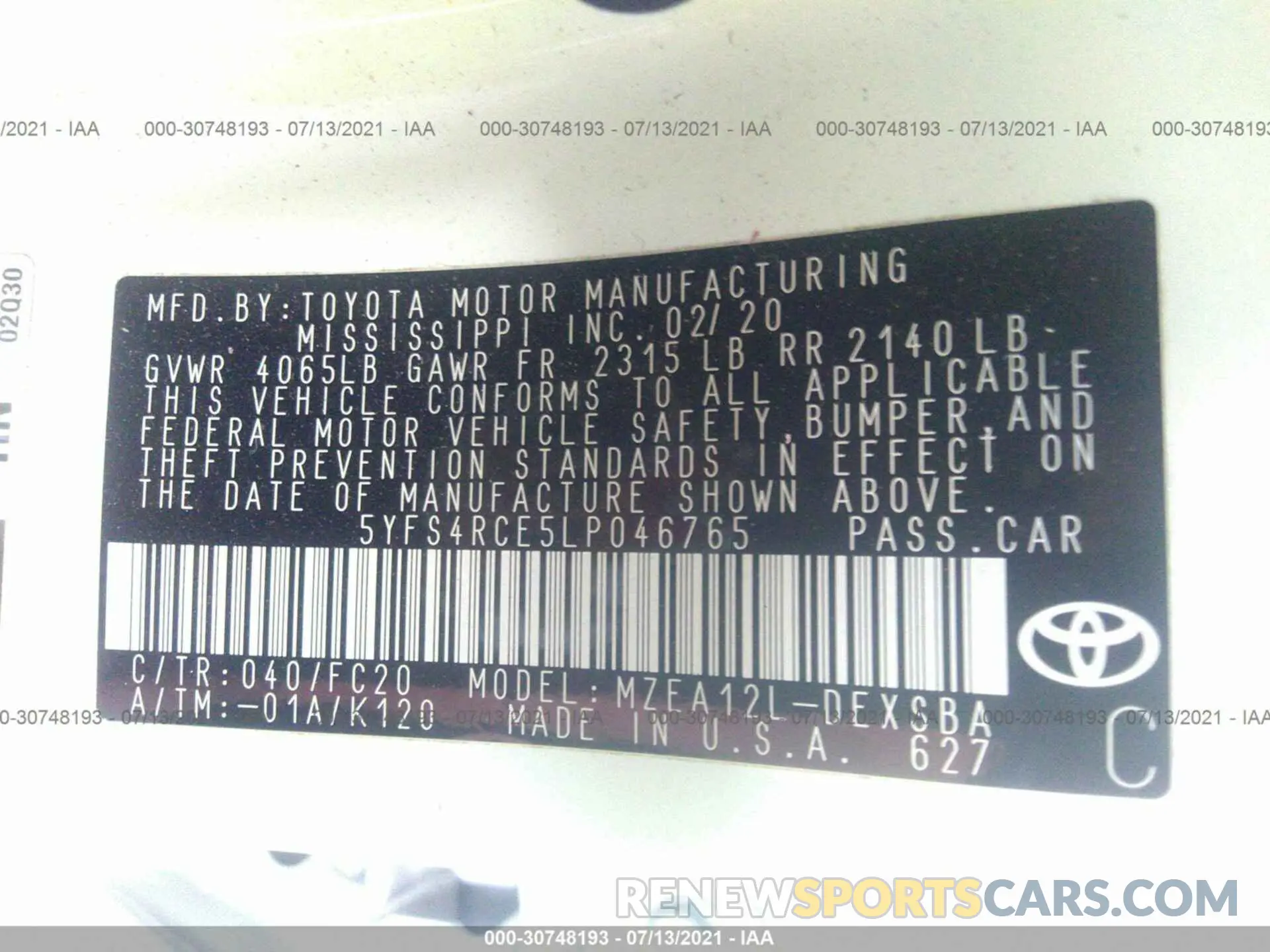 9 fotografías del automóvil dañado 5YFS4RCE5LP046765 TOYOTA COROLLA 2020
