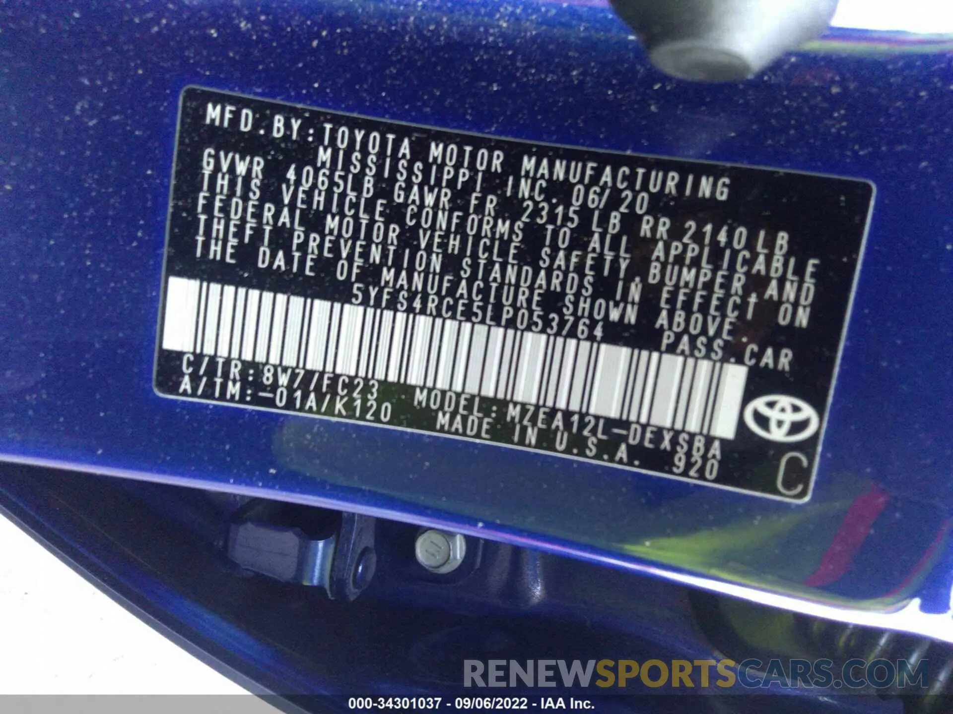 9 fotografías del automóvil dañado 5YFS4RCE5LP053764 TOYOTA COROLLA 2020