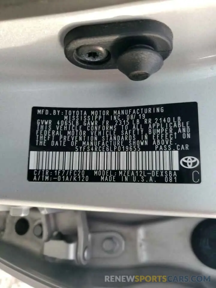 10 fotografías del automóvil dañado 5YFS4RCE6LP019655 TOYOTA COROLLA 2020