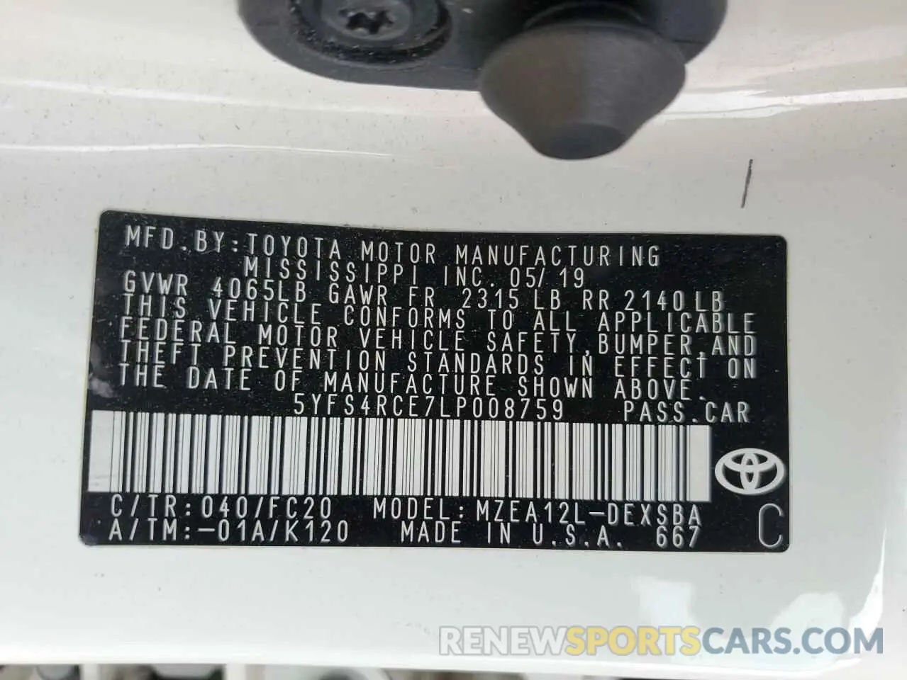 12 fotografías del automóvil dañado 5YFS4RCE7LP008759 TOYOTA COROLLA 2020